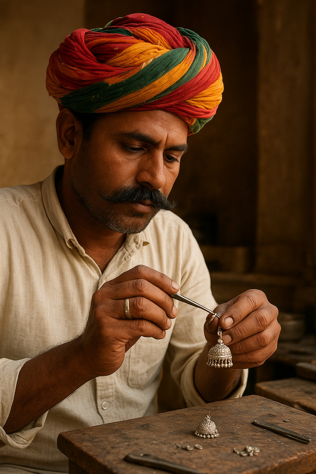 Man wearing a white kurta and a Rajasthani turban working with jewelry on a wooden table.