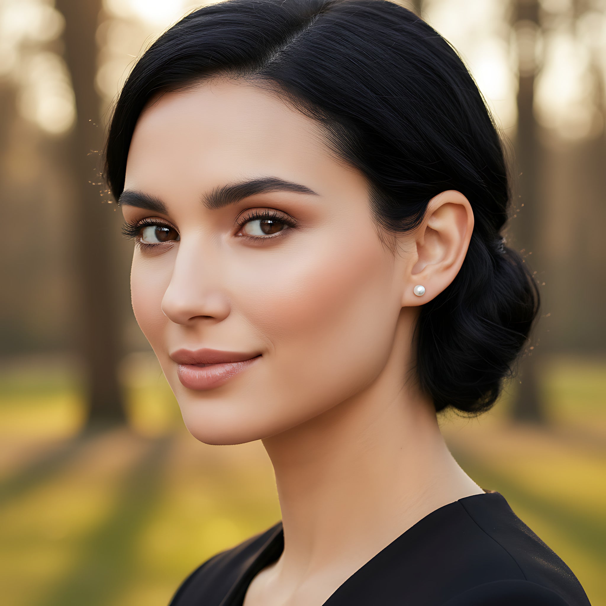 Woman with a stylish bun hairstyle in a blurred outdoor setting wearing a fresh water pearl silver stud earring