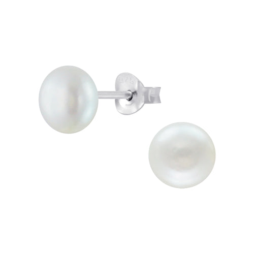 Pair of fresh water pearl silver stud earrings on a white background