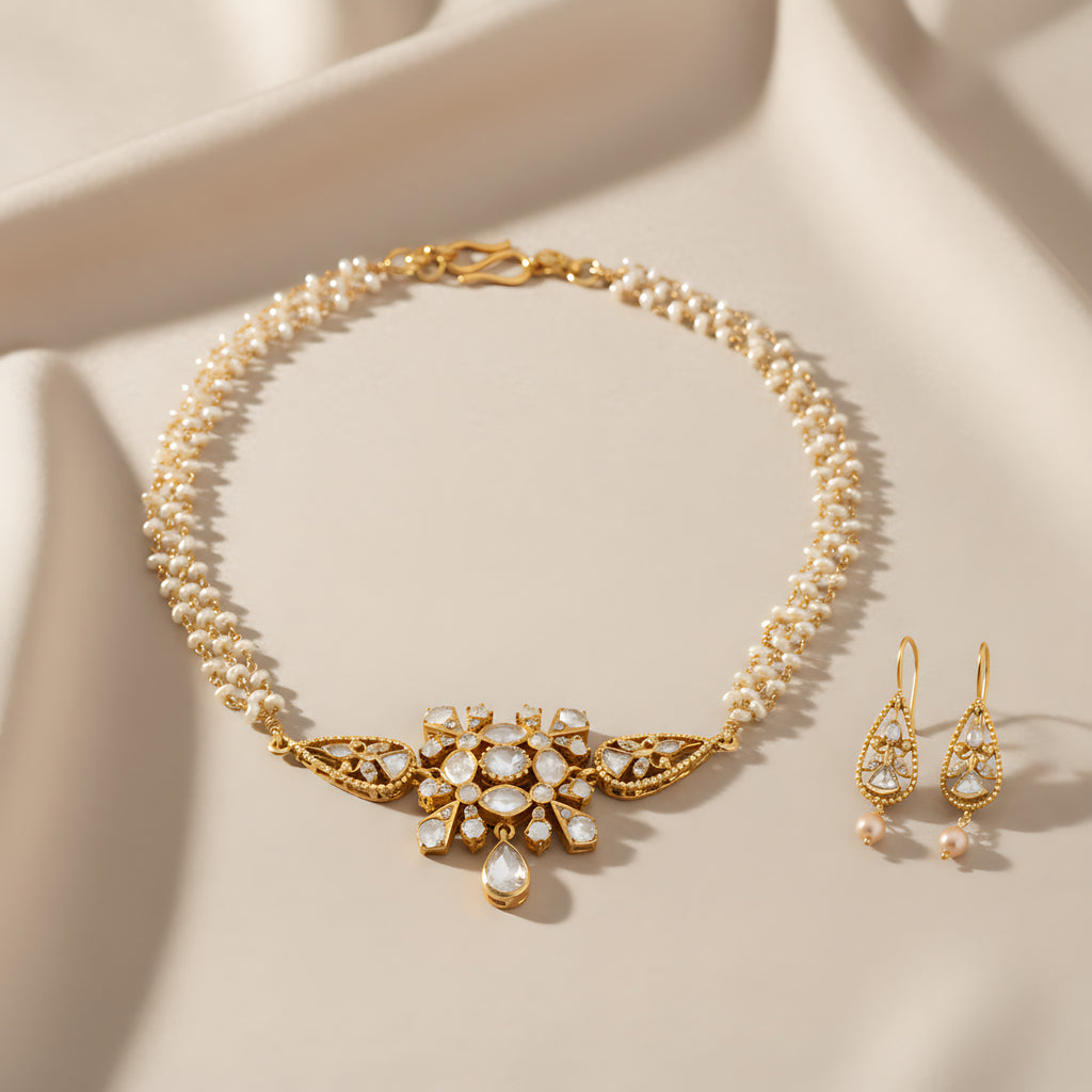Pearl choker necklace with gold plated silver and stone pendant with matching earrings on a beige fabric background