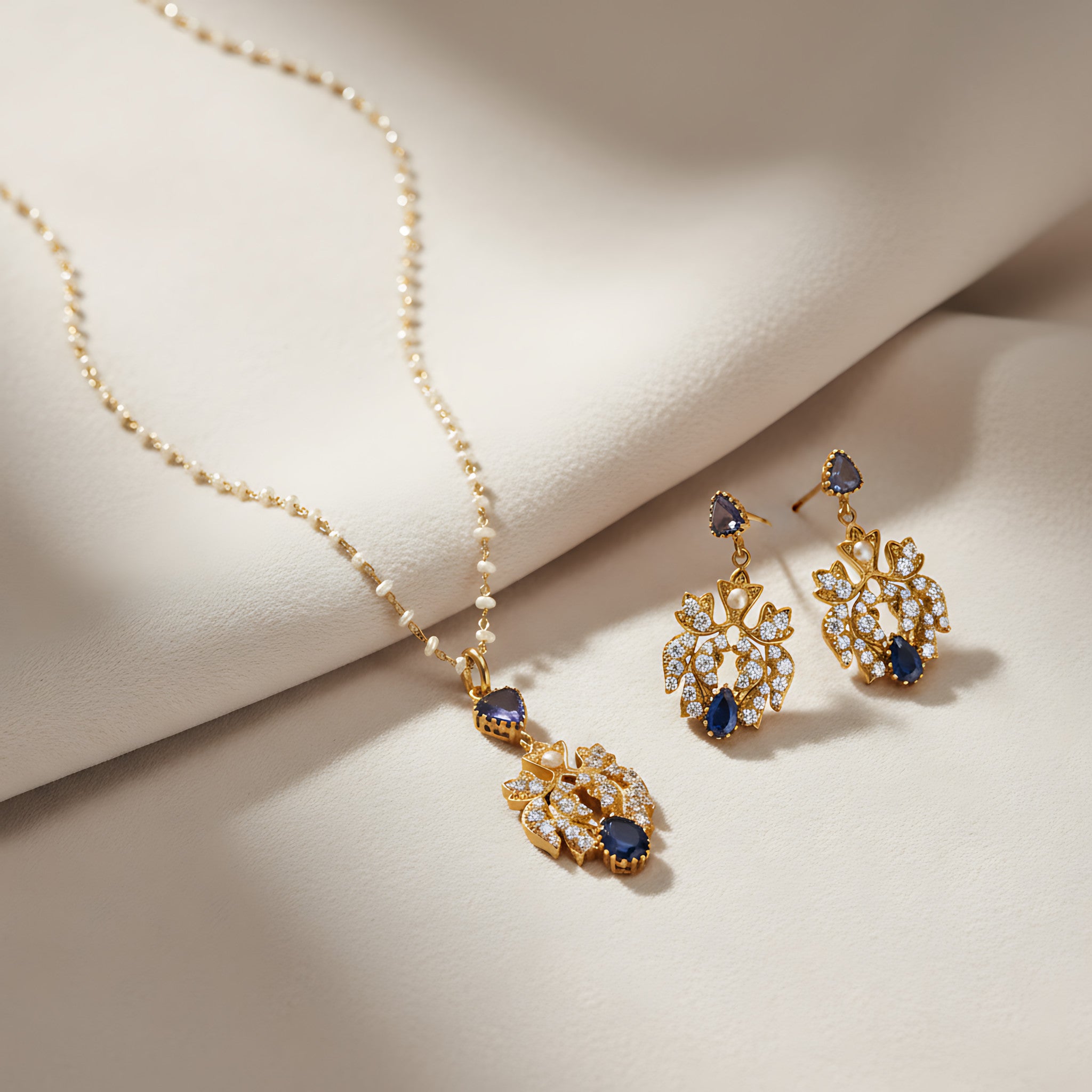 Pearl and gold plated silver necklace with  blue gemstones pendant and matching earrings on a beige fabric background