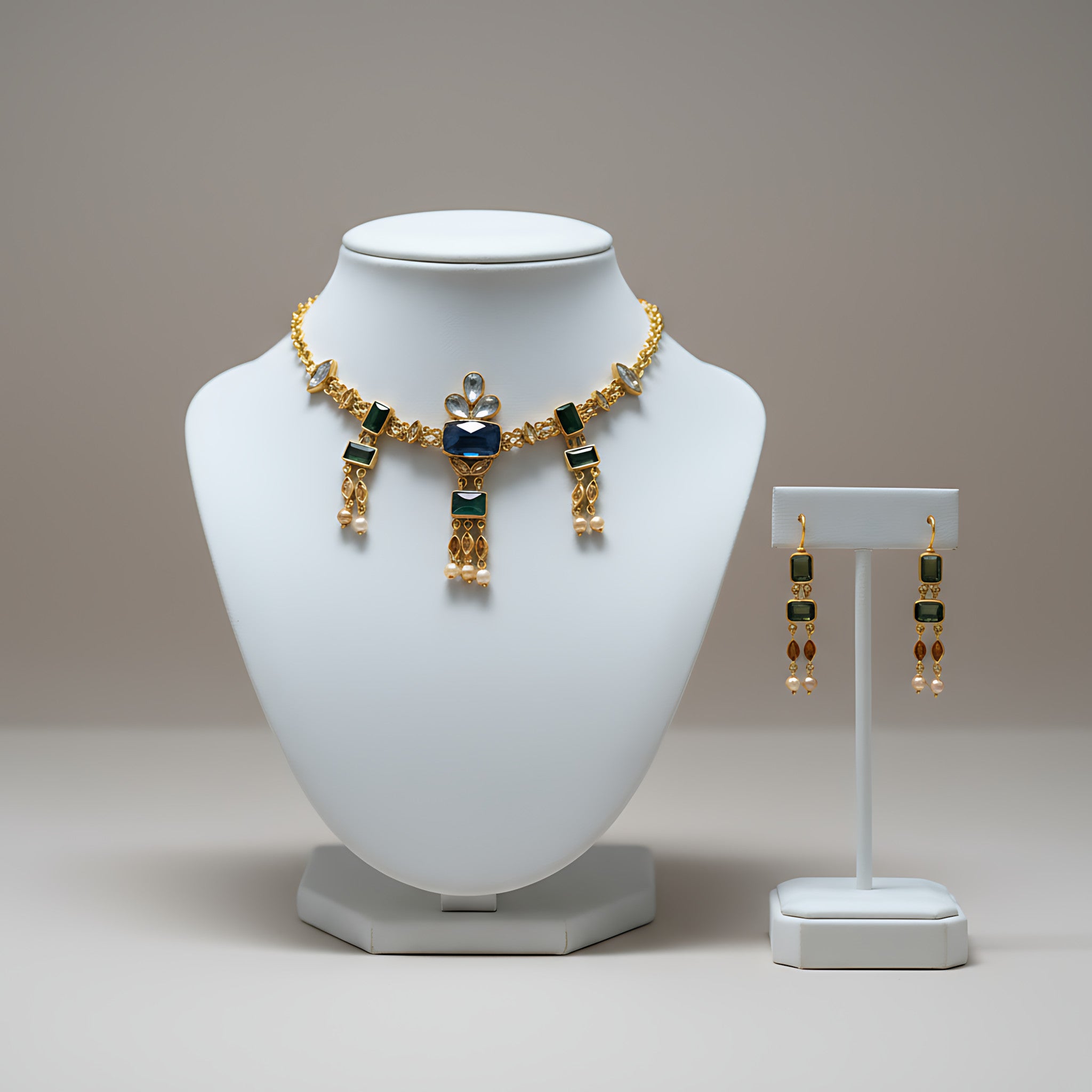 Gold necklace with blue and green gemstones on a white mannequin bust and matching earrings on a stand.