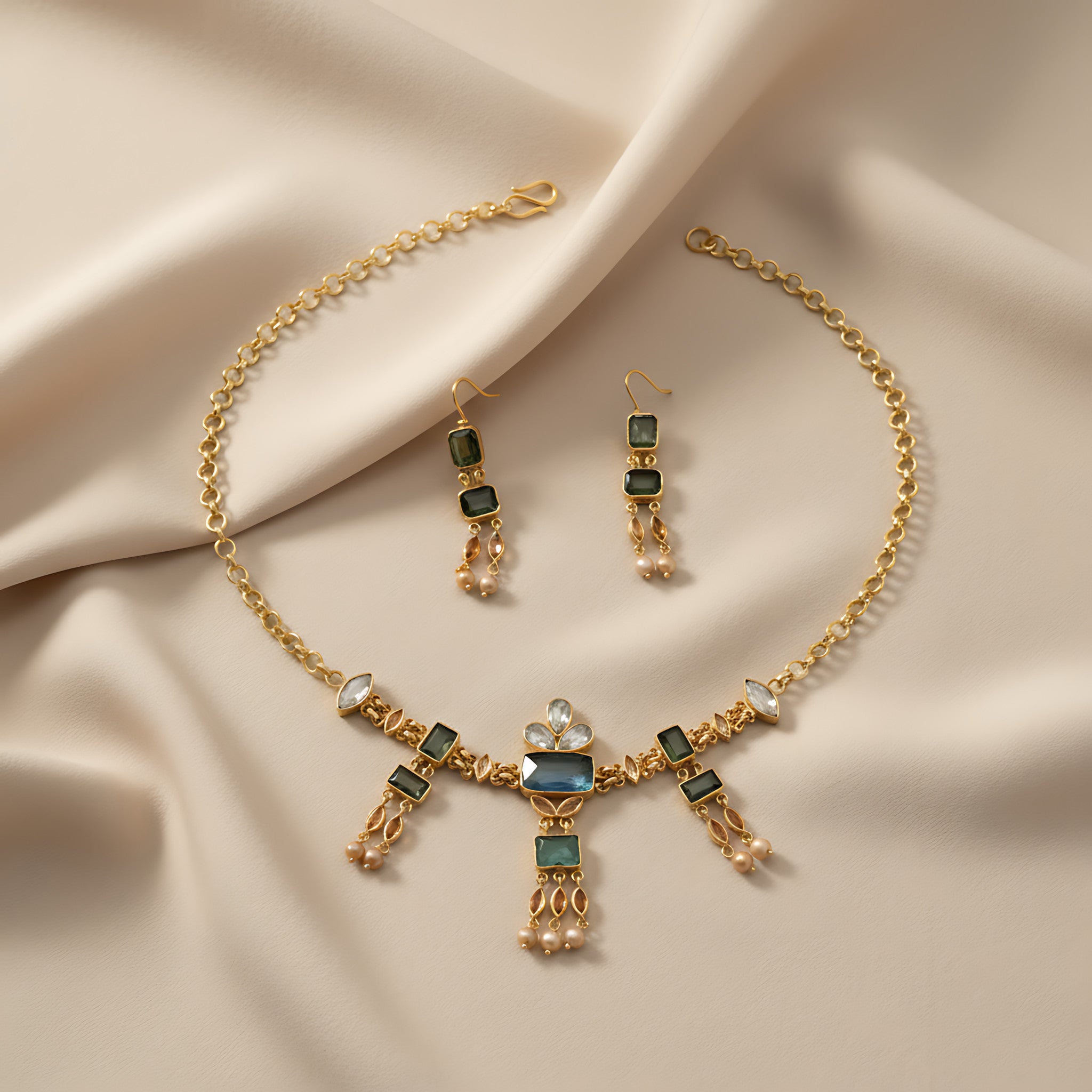 Gold necklace with blue and green gemstones on a white mannequin bust and matching earrings on a beige fabric background
