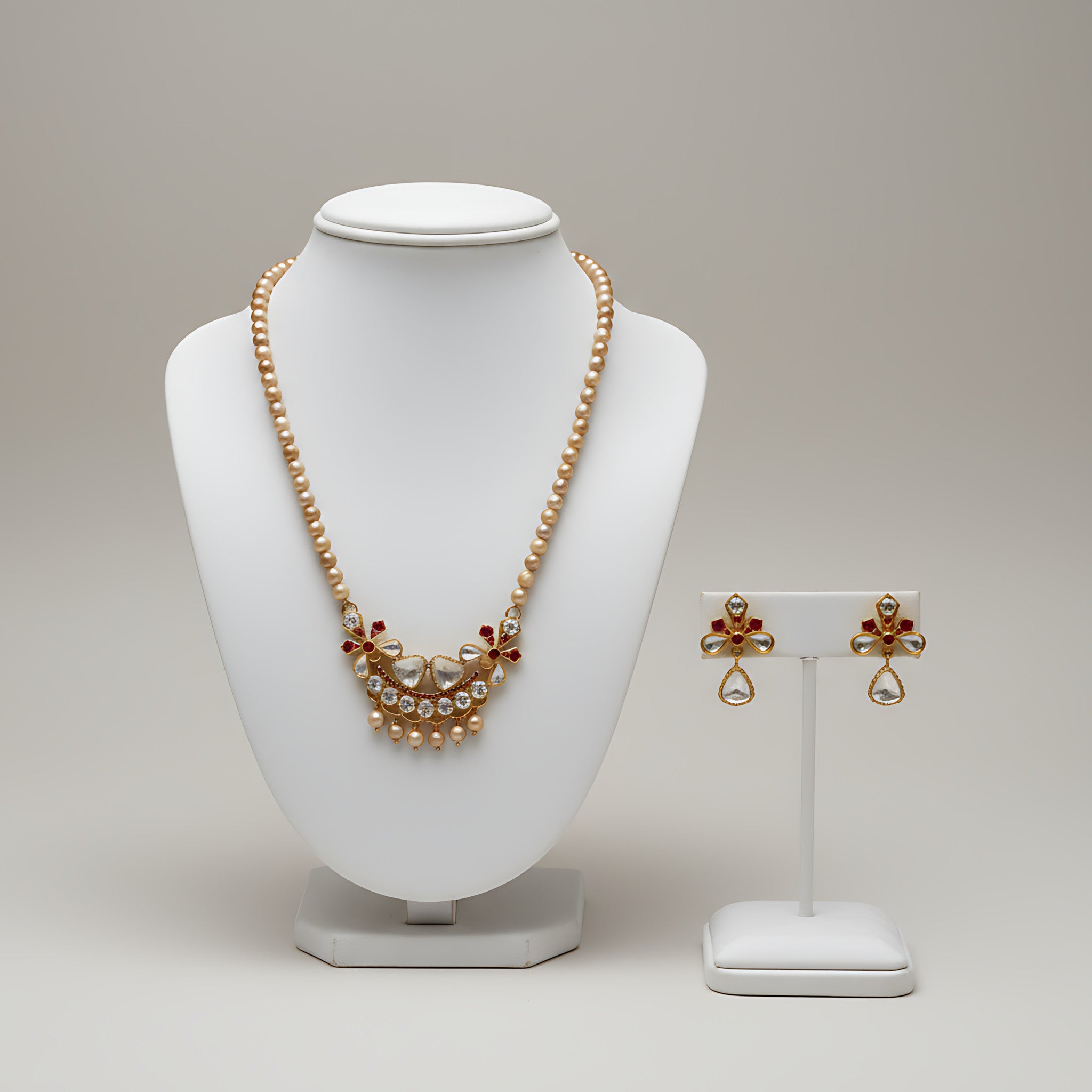 Pearl necklace  with a decorative gold plated silver and gemstone pendant on a mannequin bust and matching earrings on a stand against a plain background