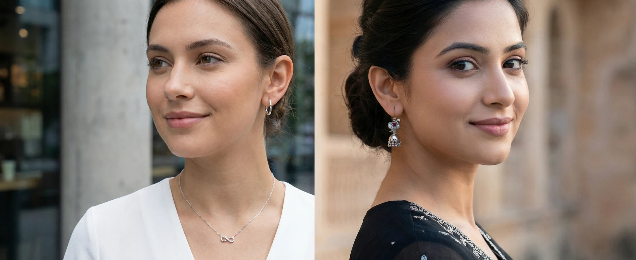 Two women side by side, one in a white shirt and the other in a black outfit with a decorative background. One is wearing modern silver earrings and a infinity necklace. Other is wearing silver peacock jhumka earrings.