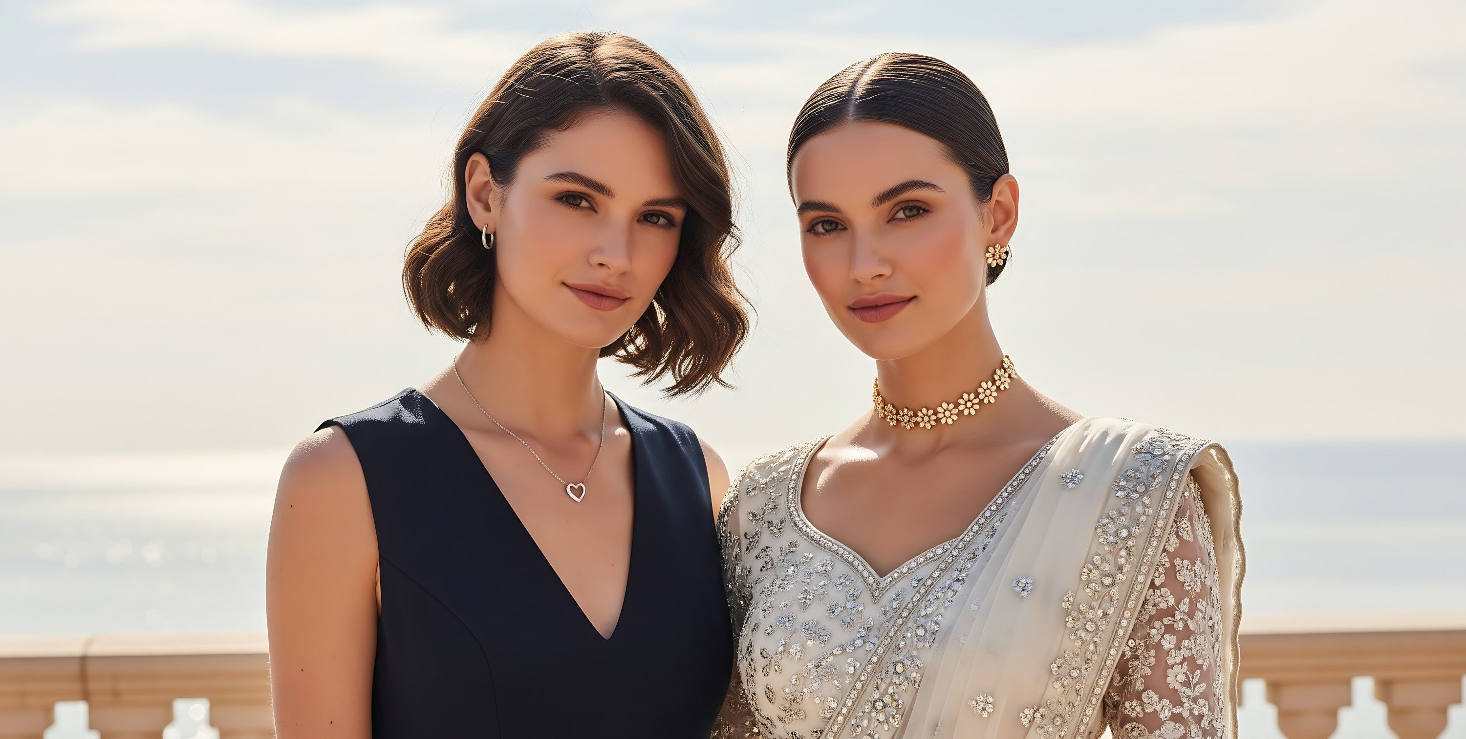 Two women posing together with a scenic background showcasing modern and heritage jewelry
