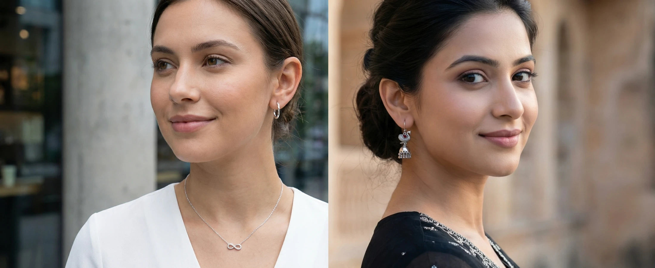 Two women side by side, one in a white shirt and the other in a black outfit with a decorative background. One is wearing modern silver earrings and a infinity necklace. Other is wearing silver peacock jhumka earrings.