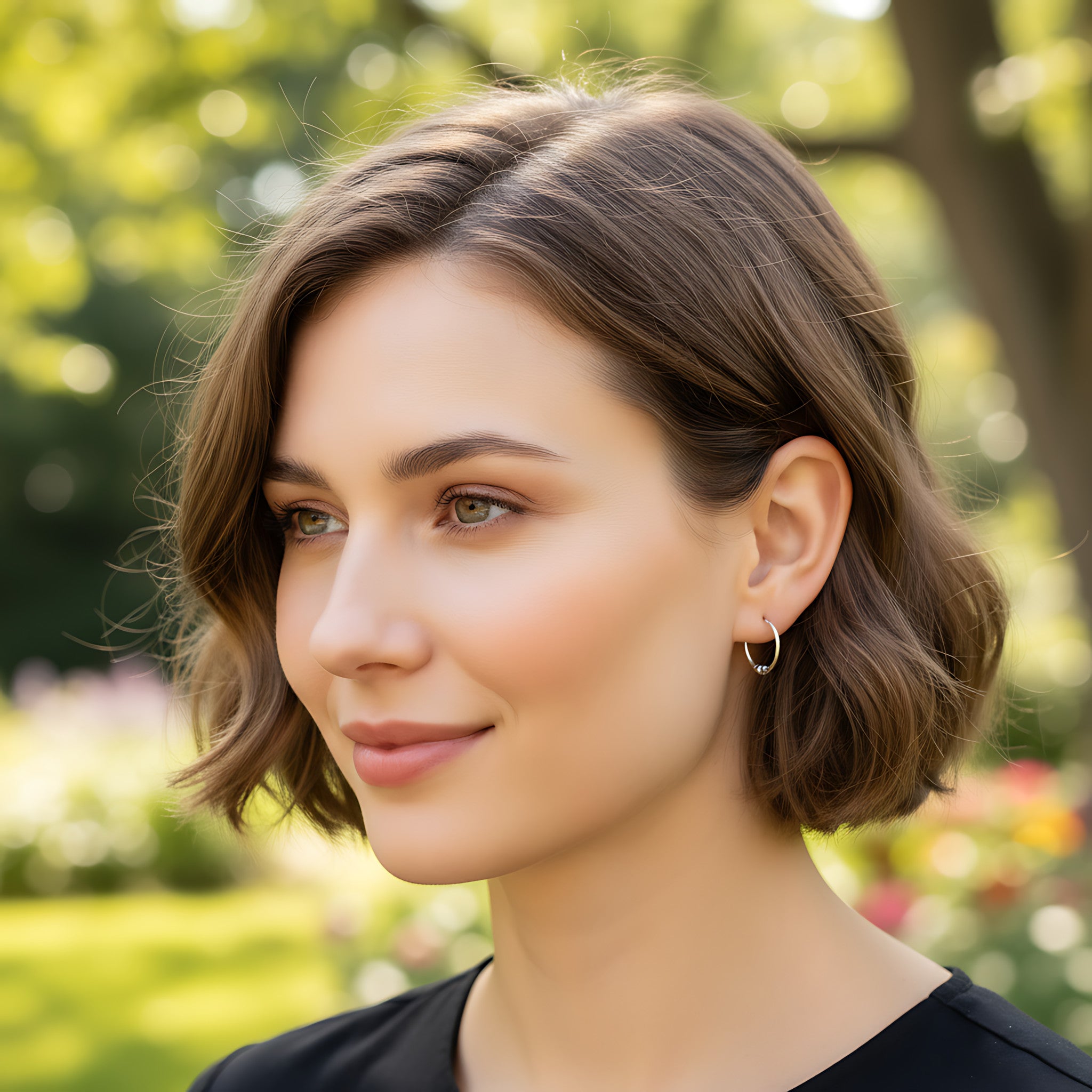 Close-up of a woman wearing an accent bead Bali silver hoop earring in a park