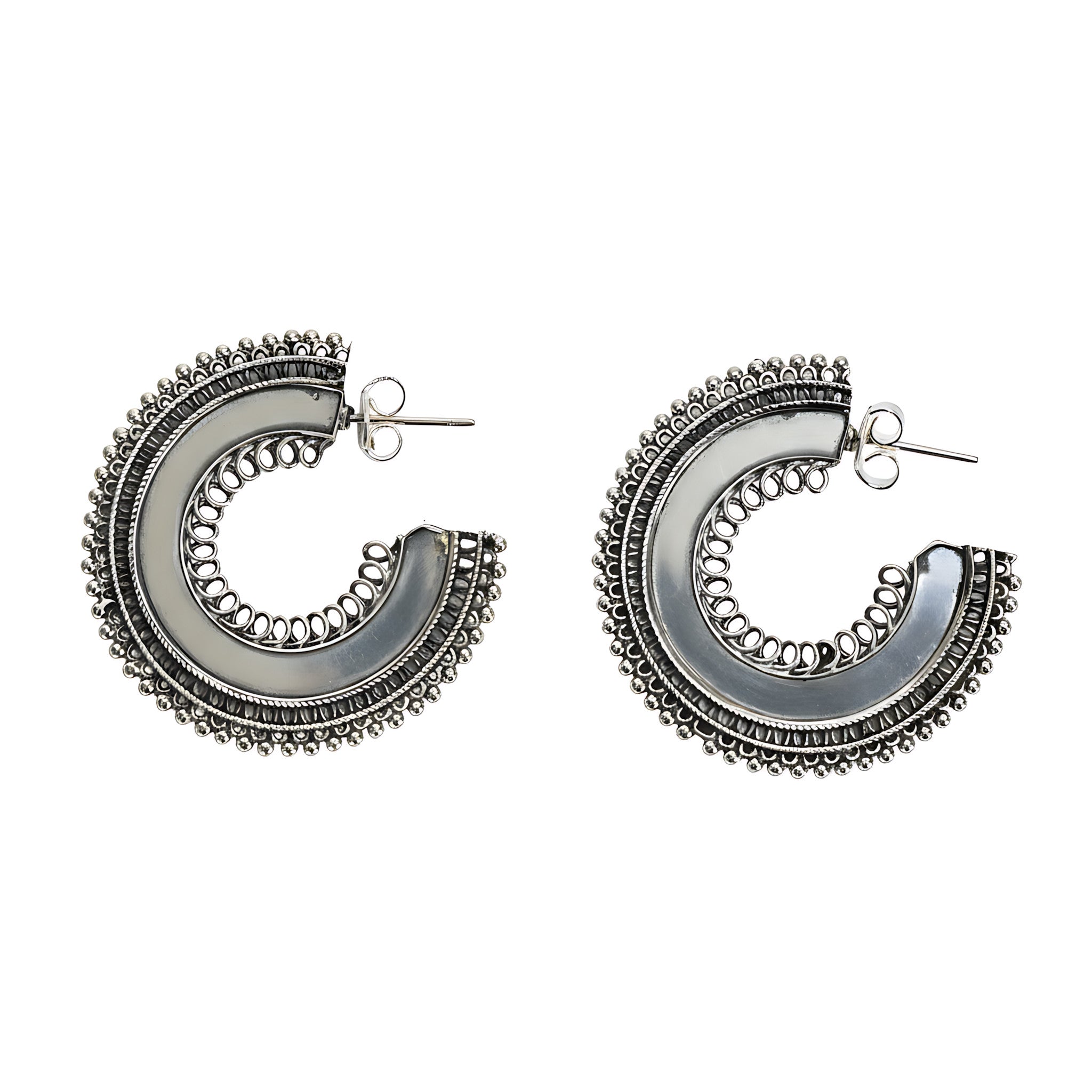Oxidized Silver Beaded Crescent Half Hoop Stud Earrings against plain white background