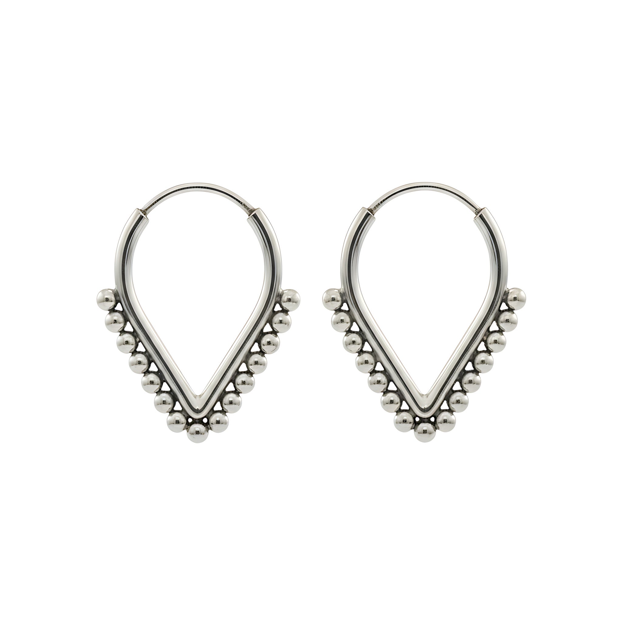 Pair of v-shaped silver hoop earrings with bead detailing on a white background