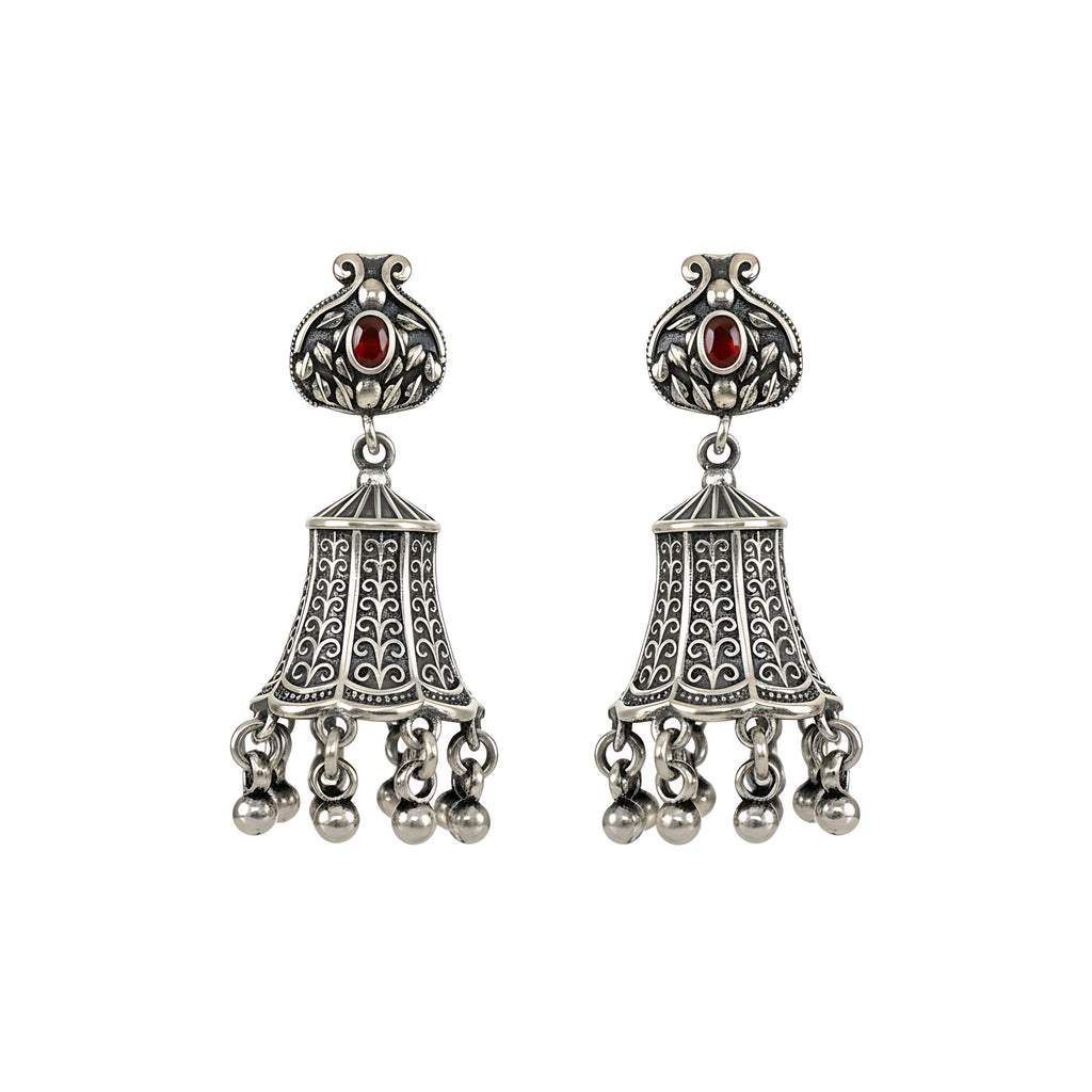 Oxidized Silver Bell Jhumka Stud Earrings against plain white background