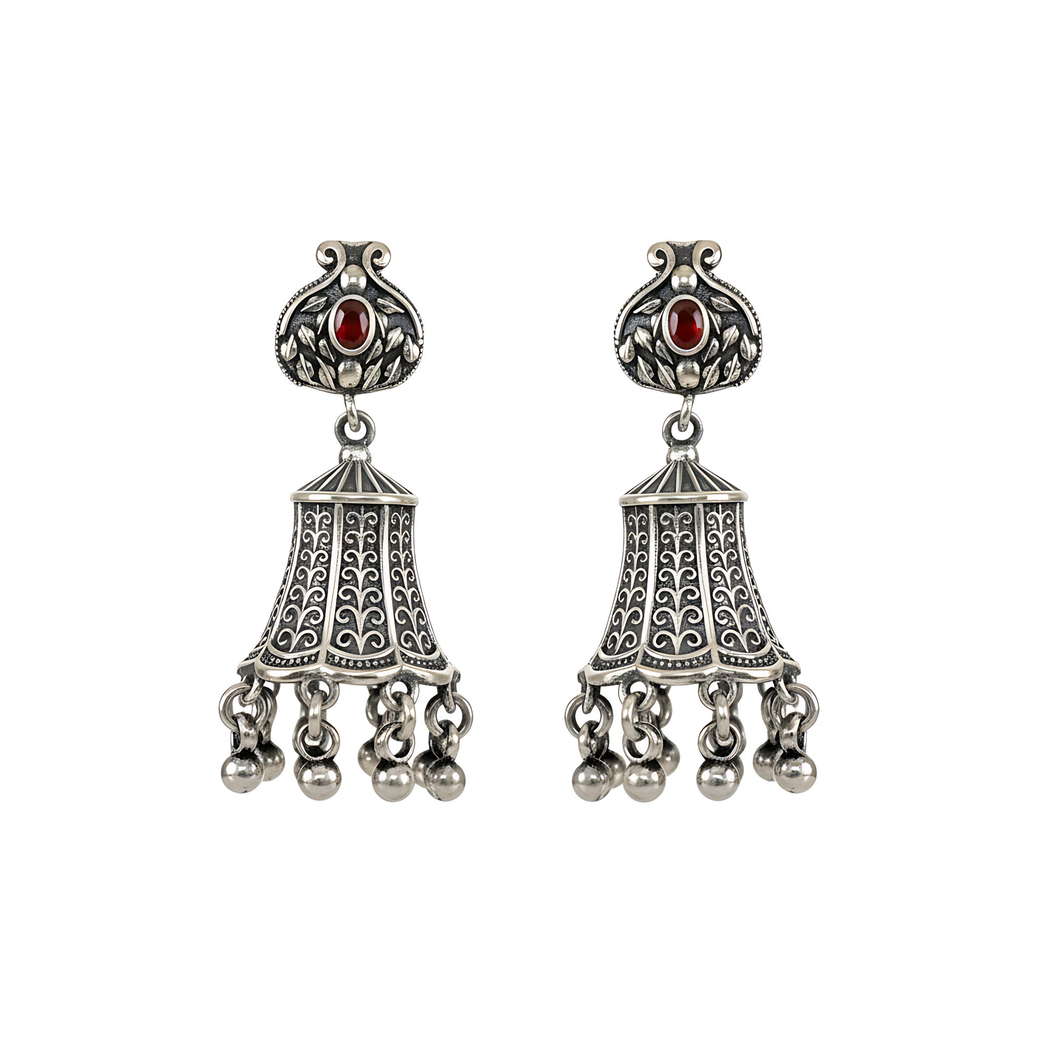 Oxidized Silver Bell Jhumka Stud Earrings against plain white background