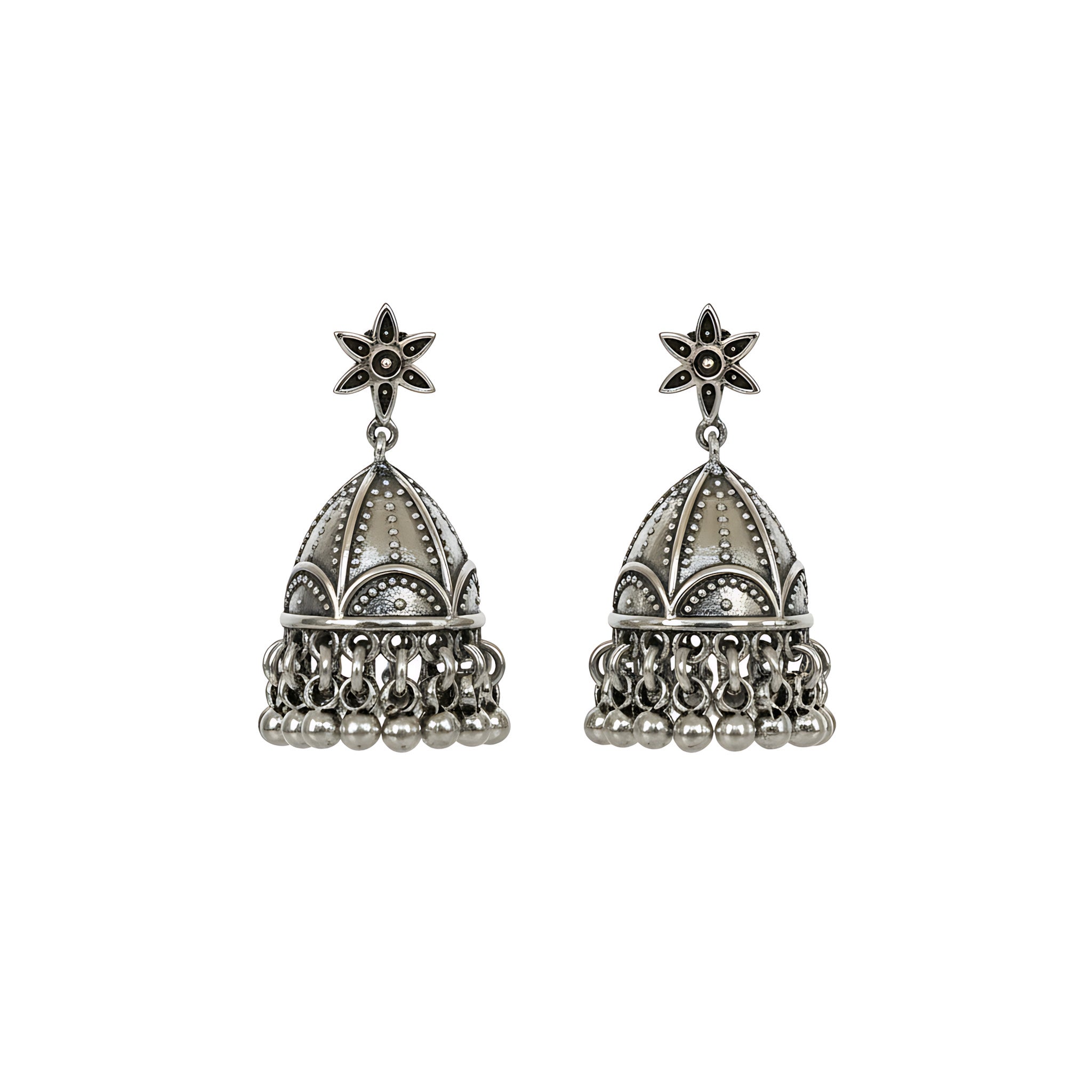 Pair of oxidized silver jhumka earrings on a white background