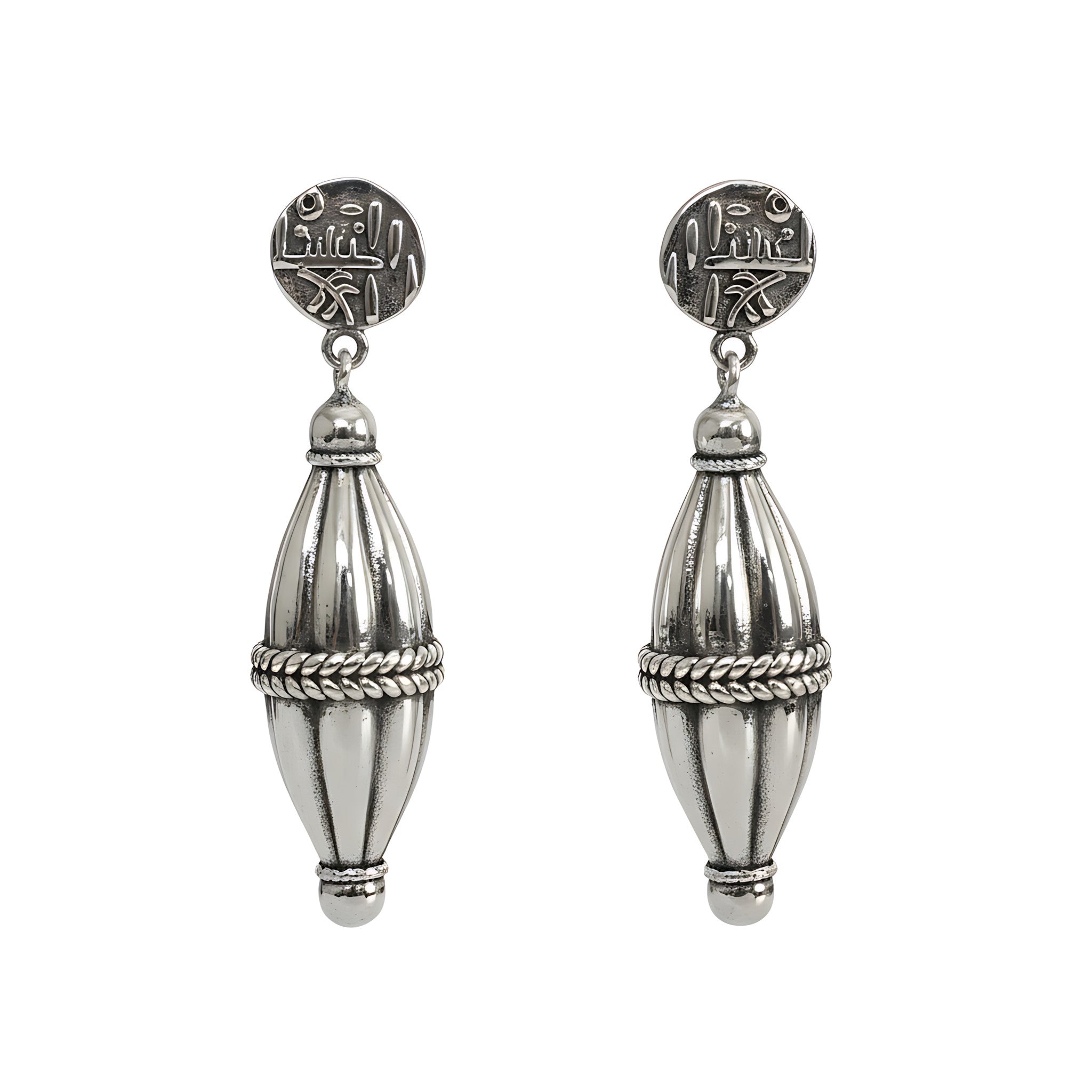 Oxidized Silver Dholki Drops Stud Earrings against plain white background