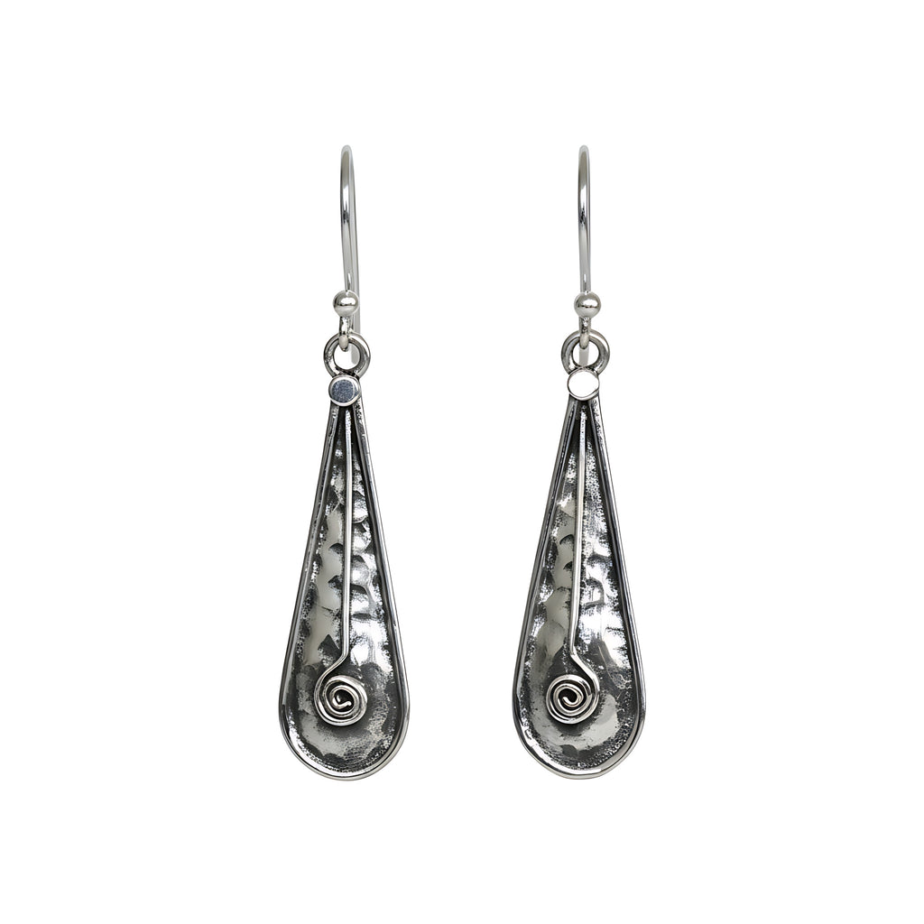 Pair of hammered oxidized silver teardrop earrings with spiral designs on a white background