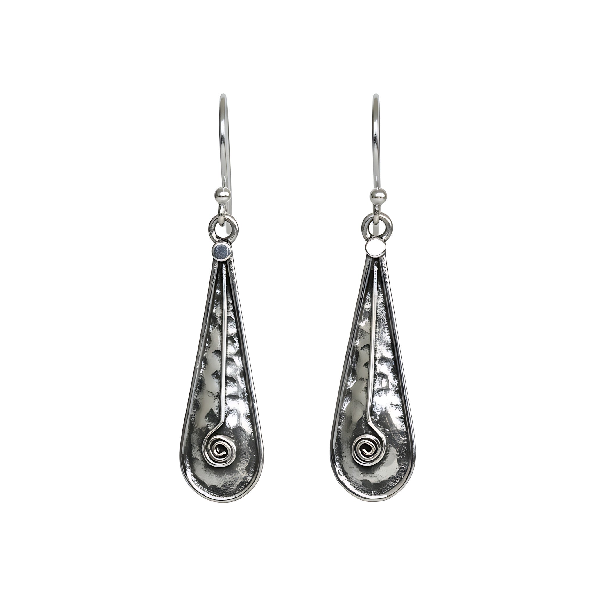 Pair of hammered oxidized silver teardrop earrings with spiral designs on a white background