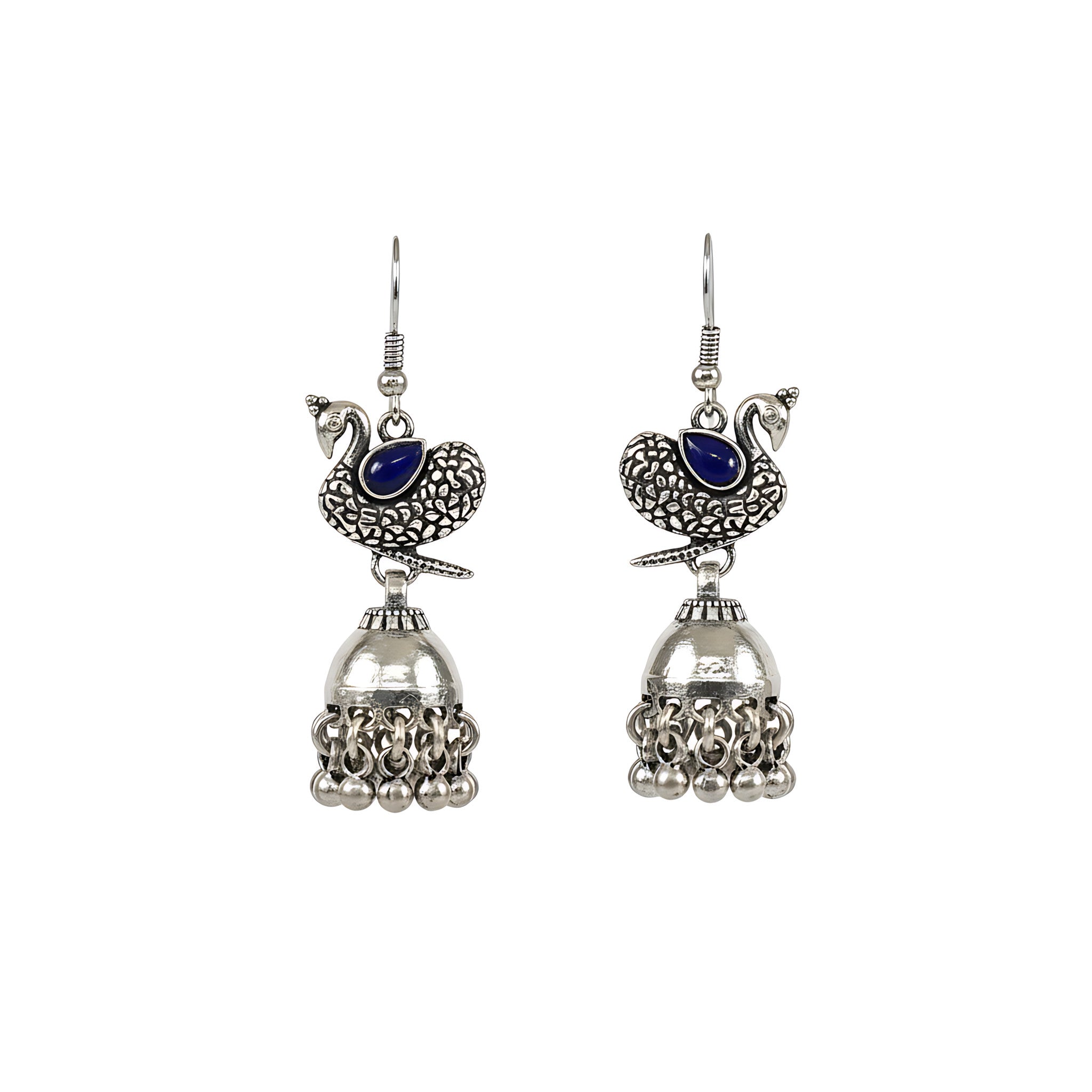 Oxidized Silver Peacock Jhumka Dangle Earrings with blue gemstones against a plain white background