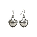 Pair of shield shaped oxidized silver dangle earrings on a white background