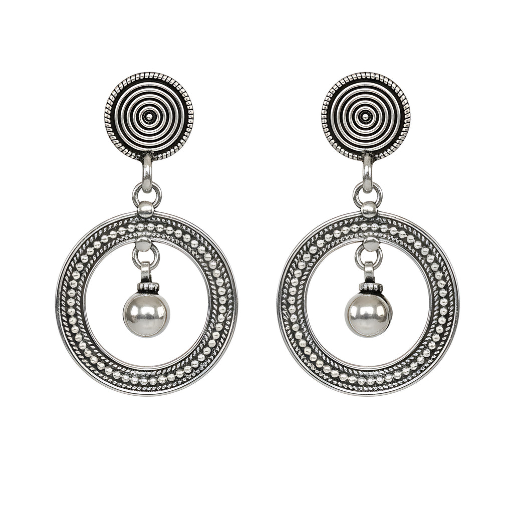 Oxidized Silver Spiral Orbit Stud Earrings against plain white background