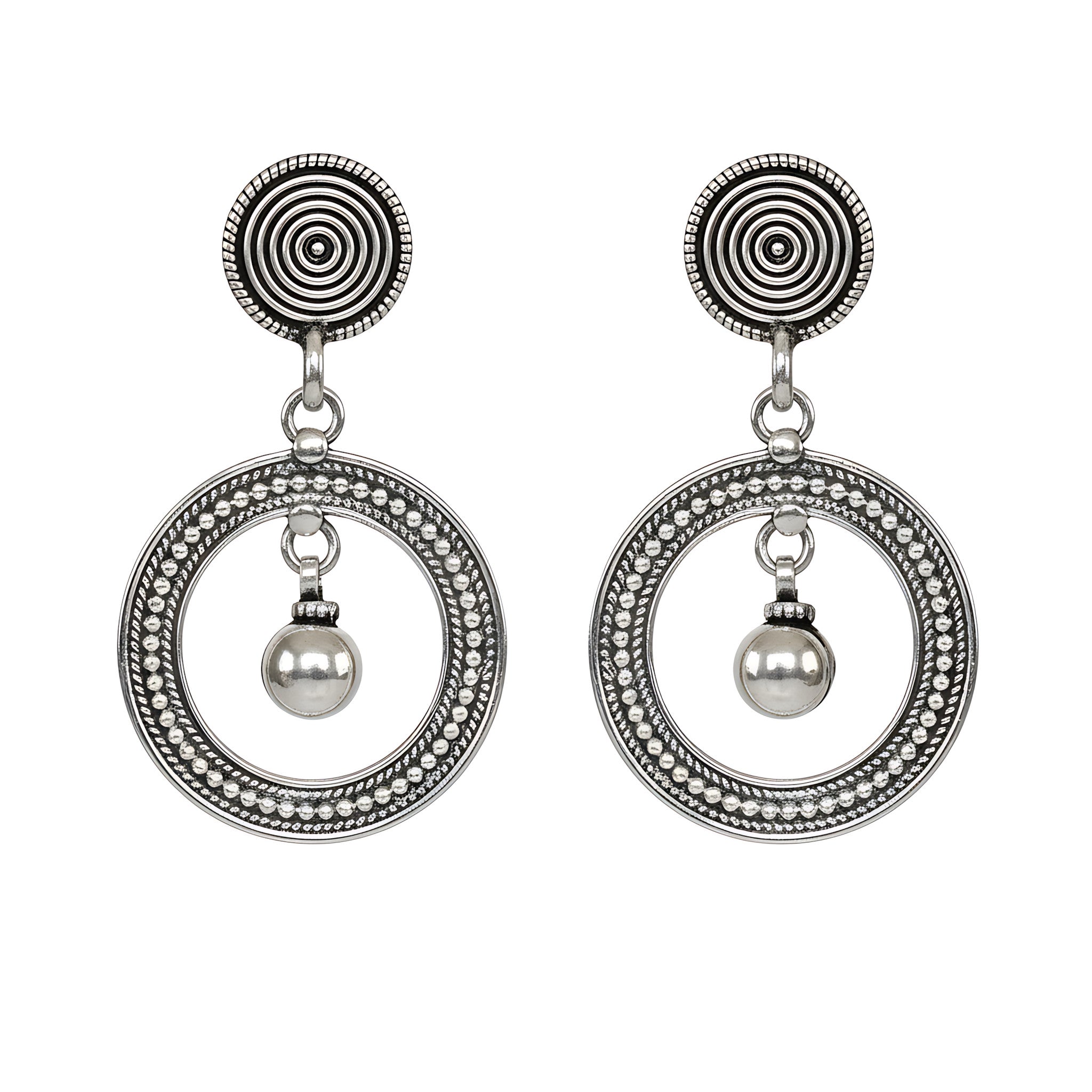 Oxidized Silver Spiral Orbit Stud Earrings against plain white background