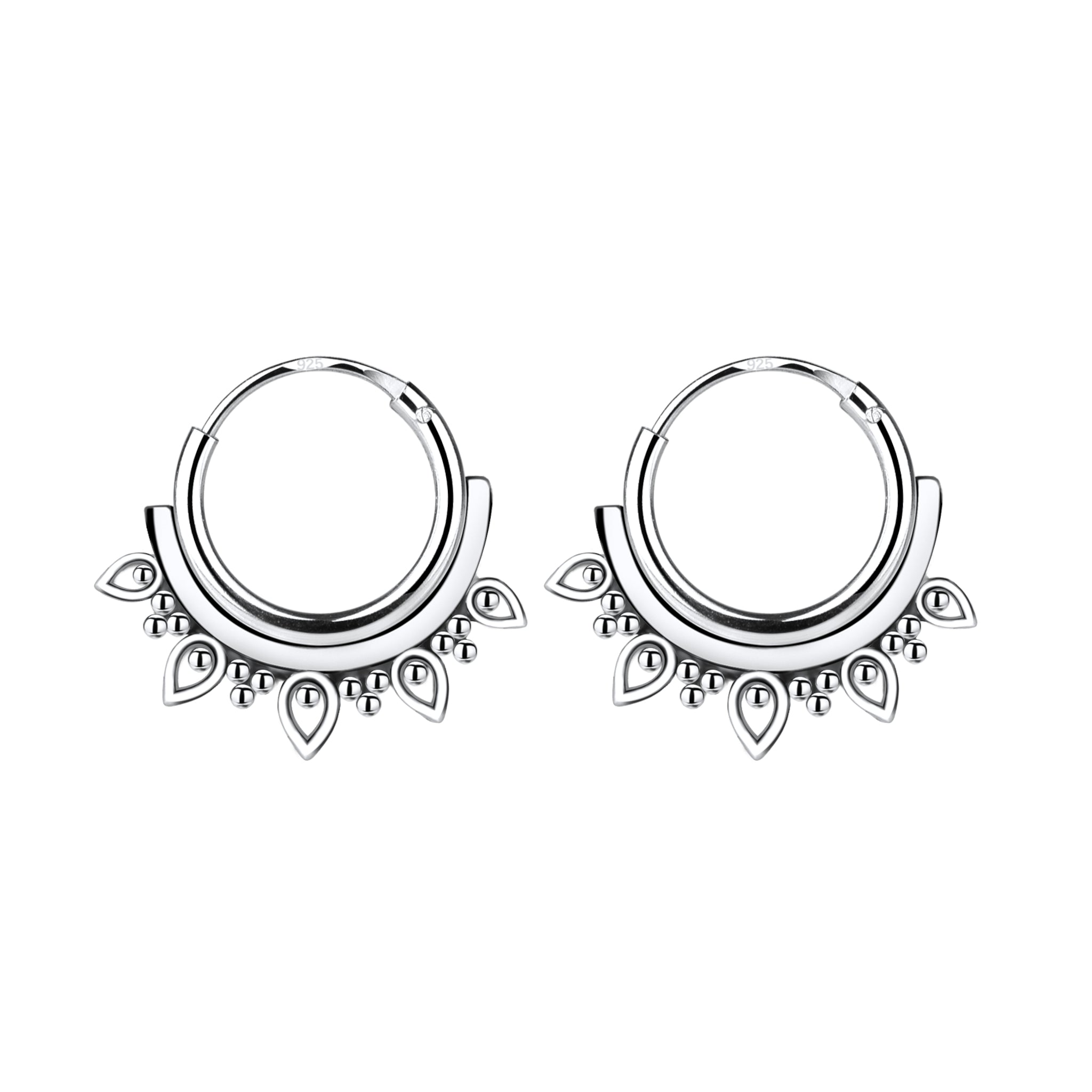 Pair of Bali silver hoop earrings with decorative elements on a white background