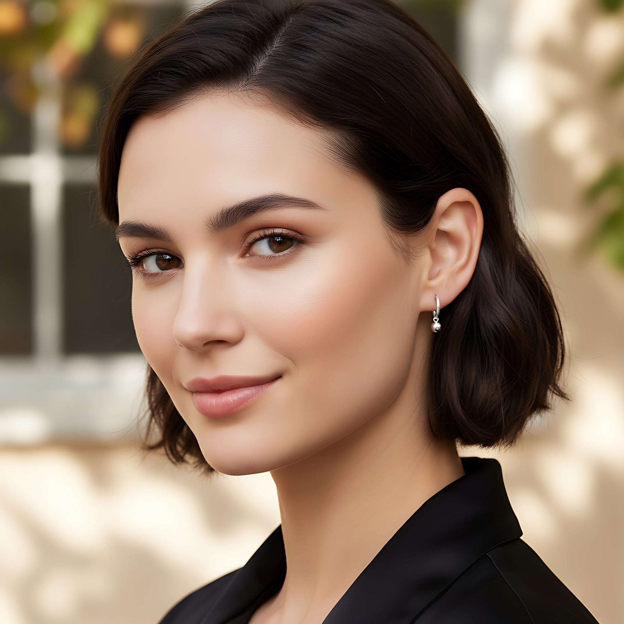 Woman wearing a black blazer and silver ball charm hoop earring with a blurred outdoor background