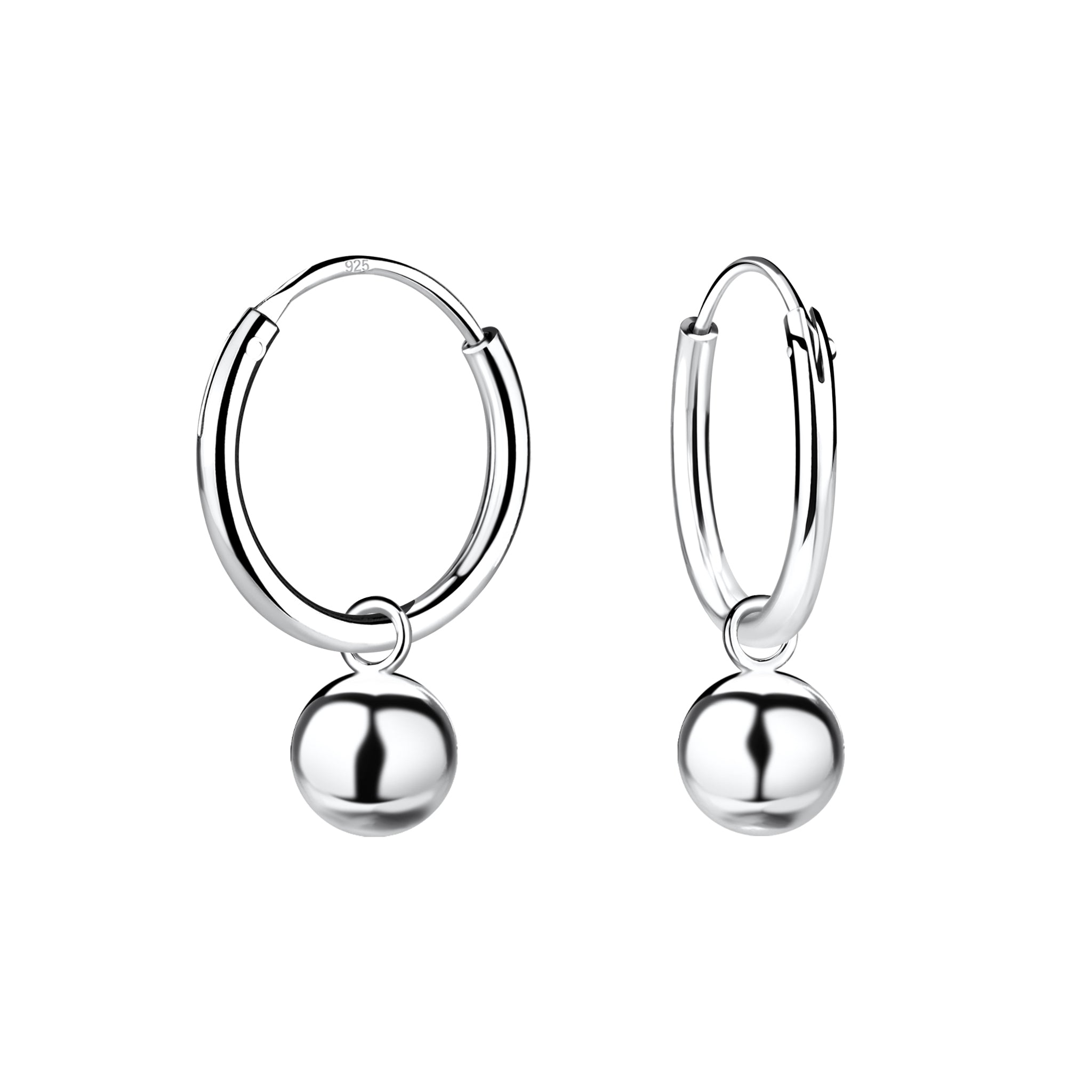 Silver hoop earrings with spherical ball charms on a white background