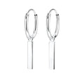 Silver hoop earrings with bar charms on a white background