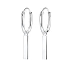 Silver hoop earrings with bar charms on a white background