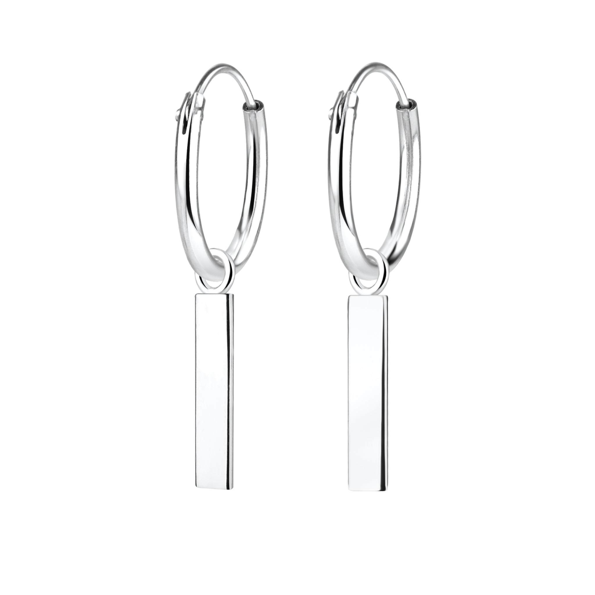 Silver hoop earrings with bar charms on a white background
