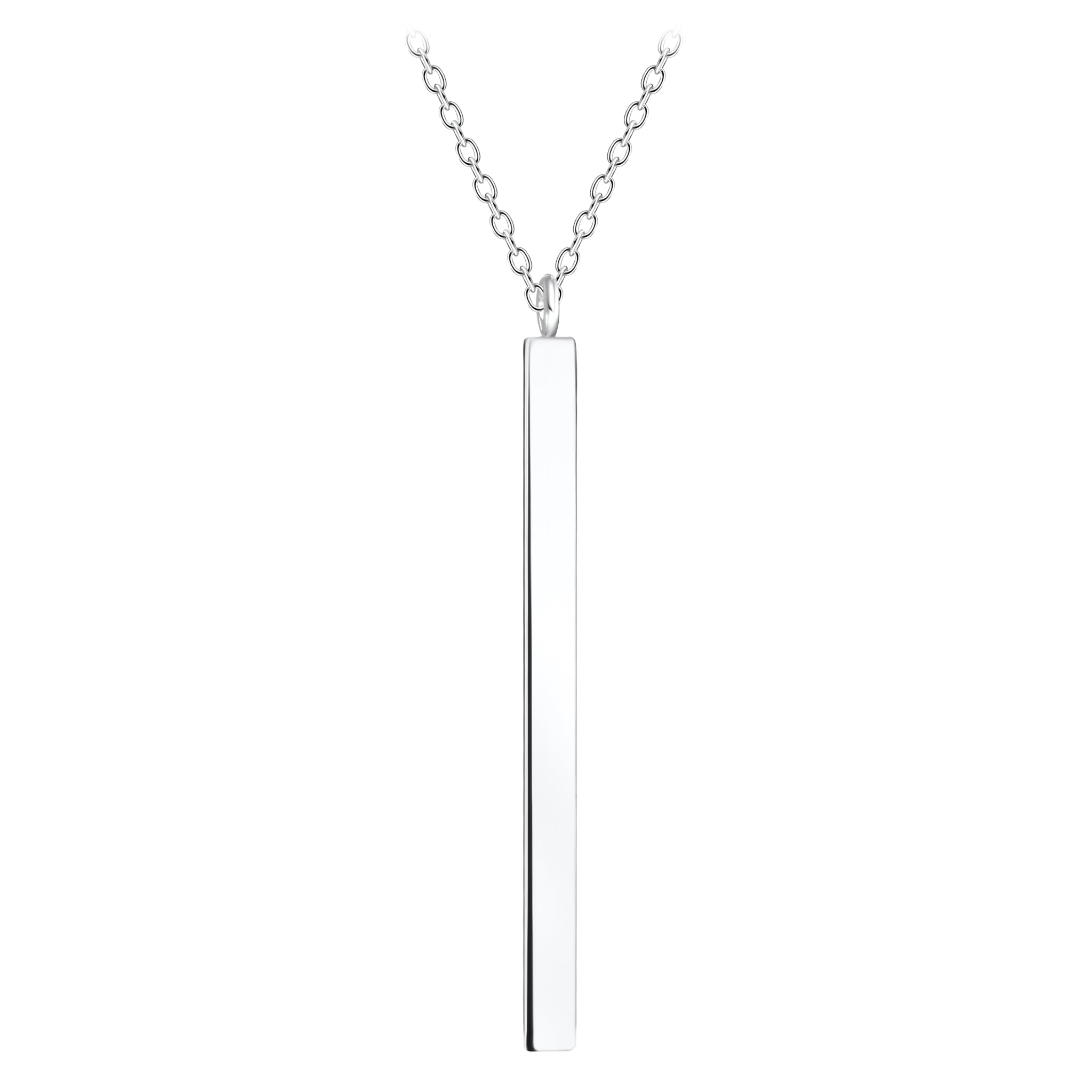 Silver necklace with a vertical bar pendant on a white background