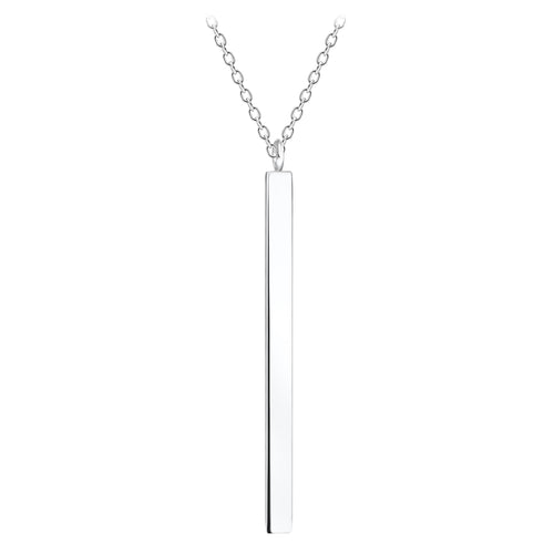 Silver necklace with a vertical bar pendant on a white background