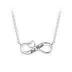 Silver necklace with 'Best Mom' infinity symbol on a white background