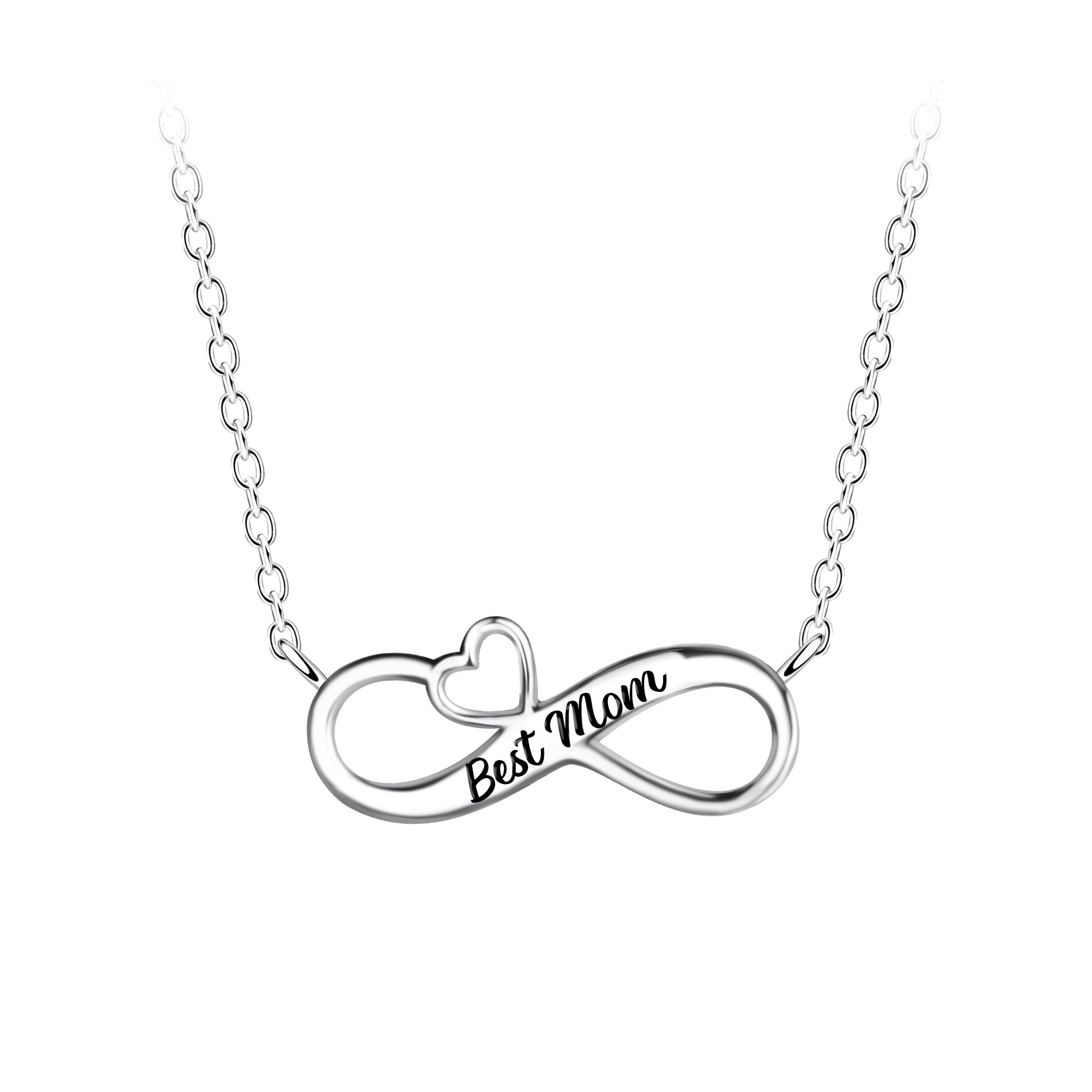 Silver necklace with 'Best Mom' infinity symbol on a white background