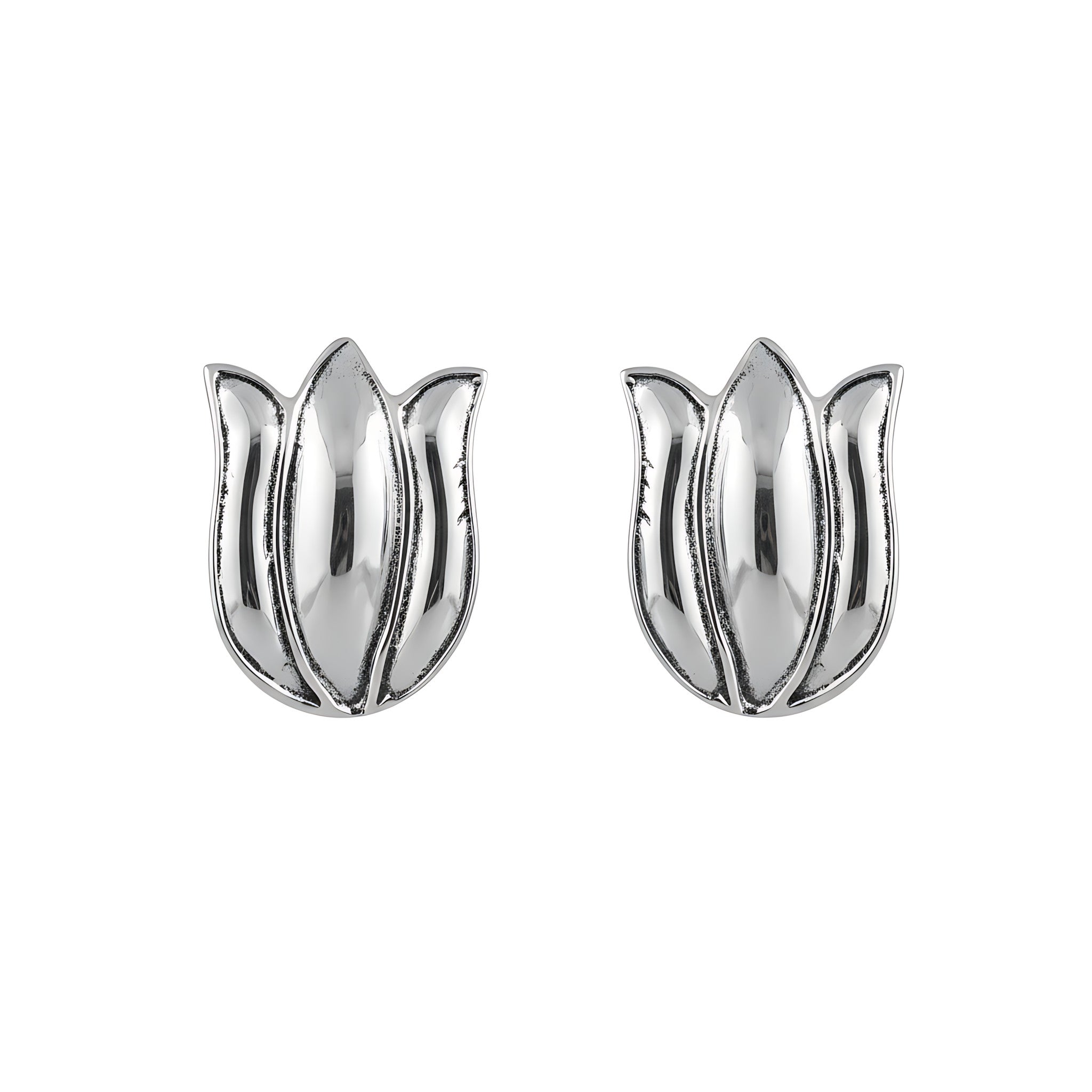 Silver lotus-shaped earrings on a white background