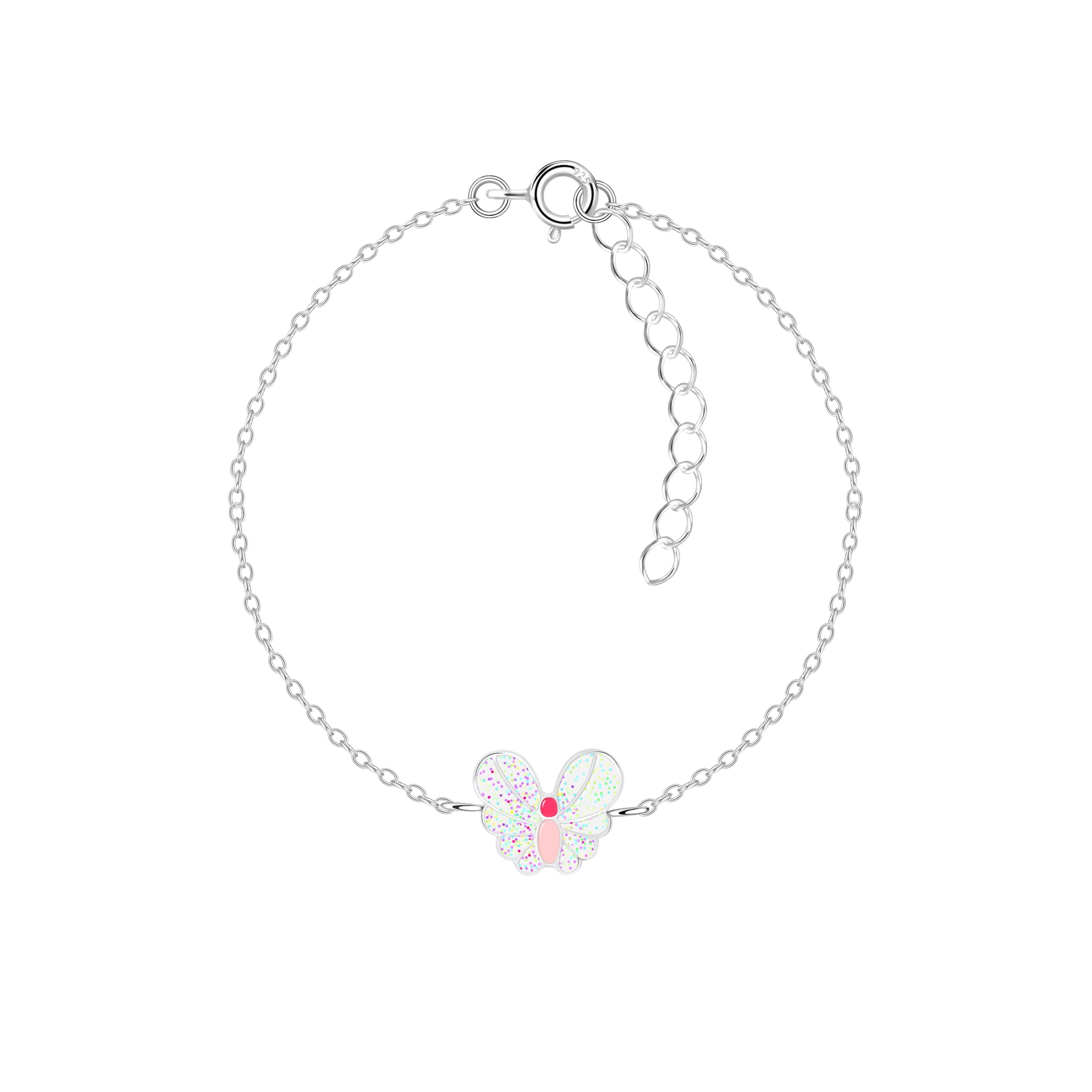 Silver bracelet with a butterfly charm on a white background