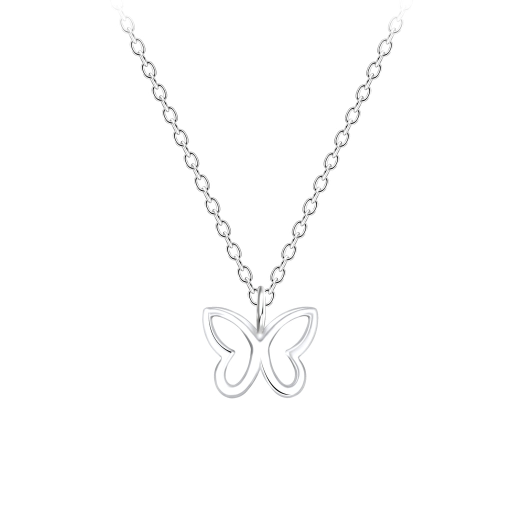 Silver butterfly necklace on a white background