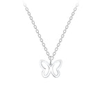 Silver butterfly necklace on a white background