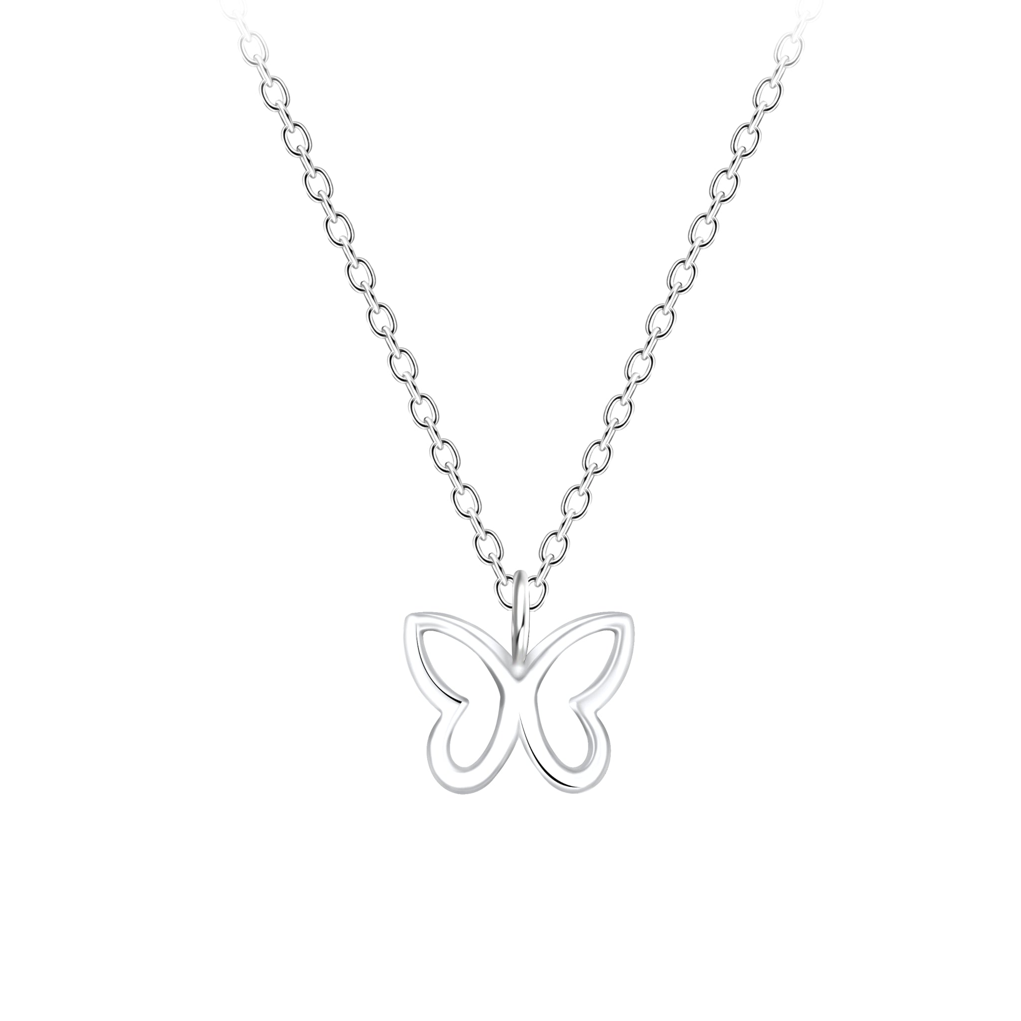 Silver butterfly necklace on a white background