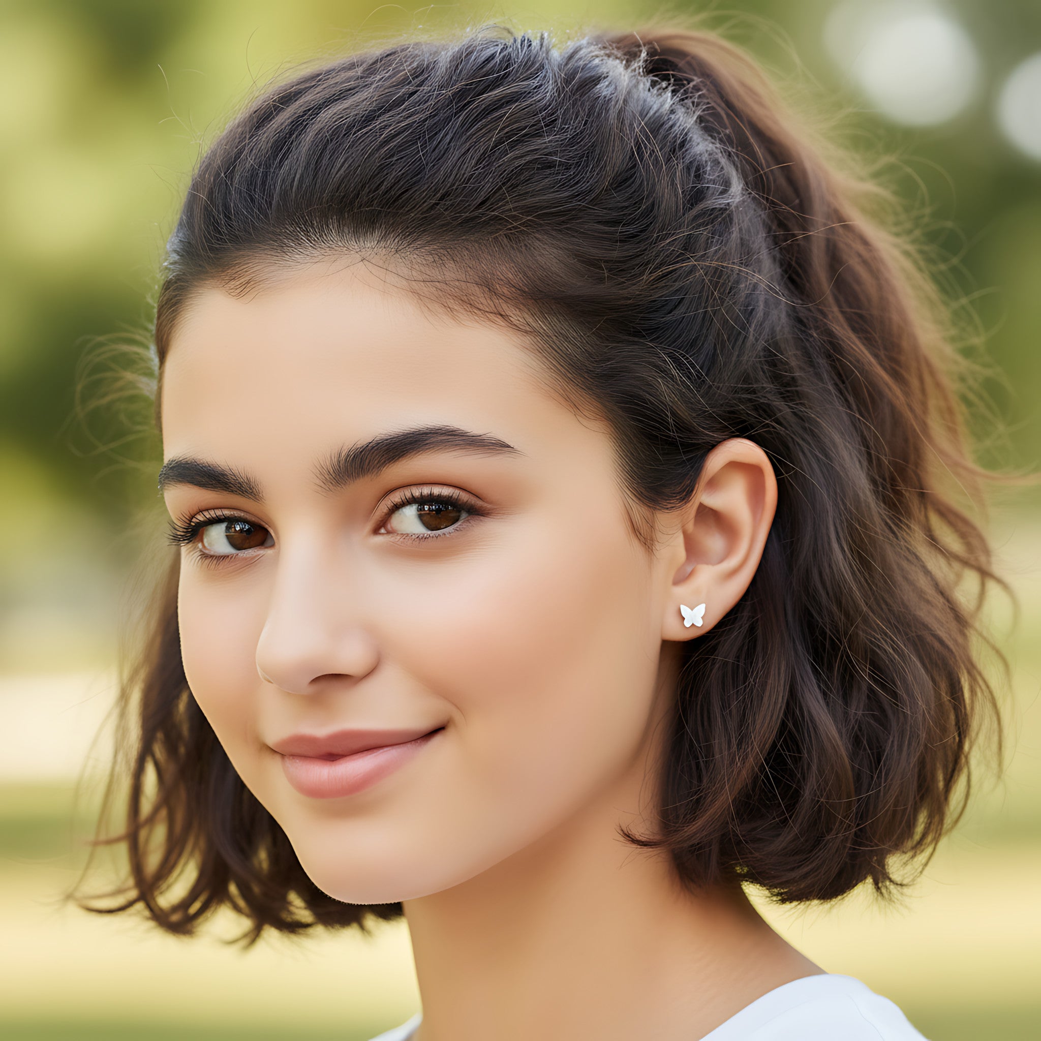 Close-up of a young girl with styled hair and silver butterfly stud earrings against a blurred outdoor background