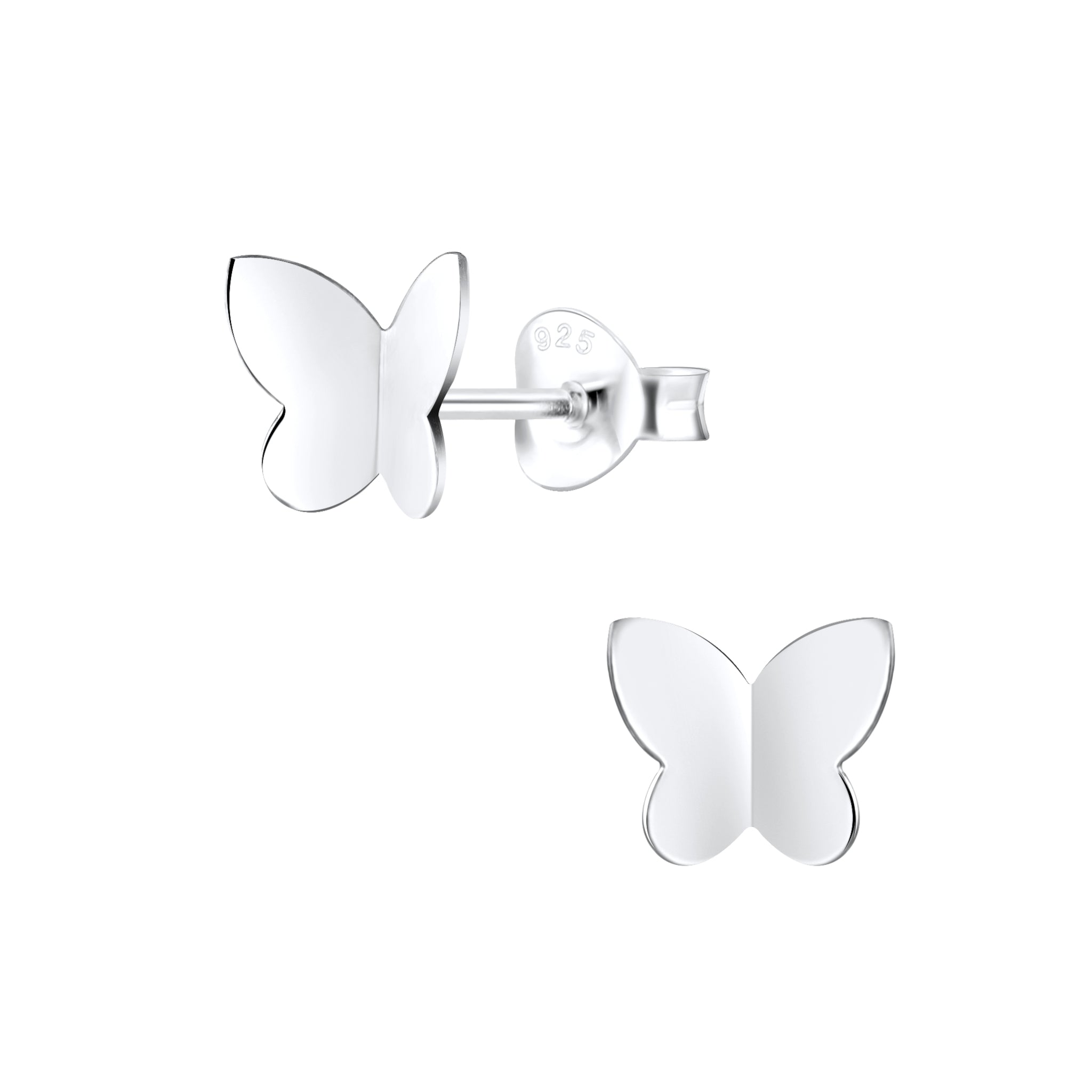 Butterfly-shaped silver stud earrings on a white background