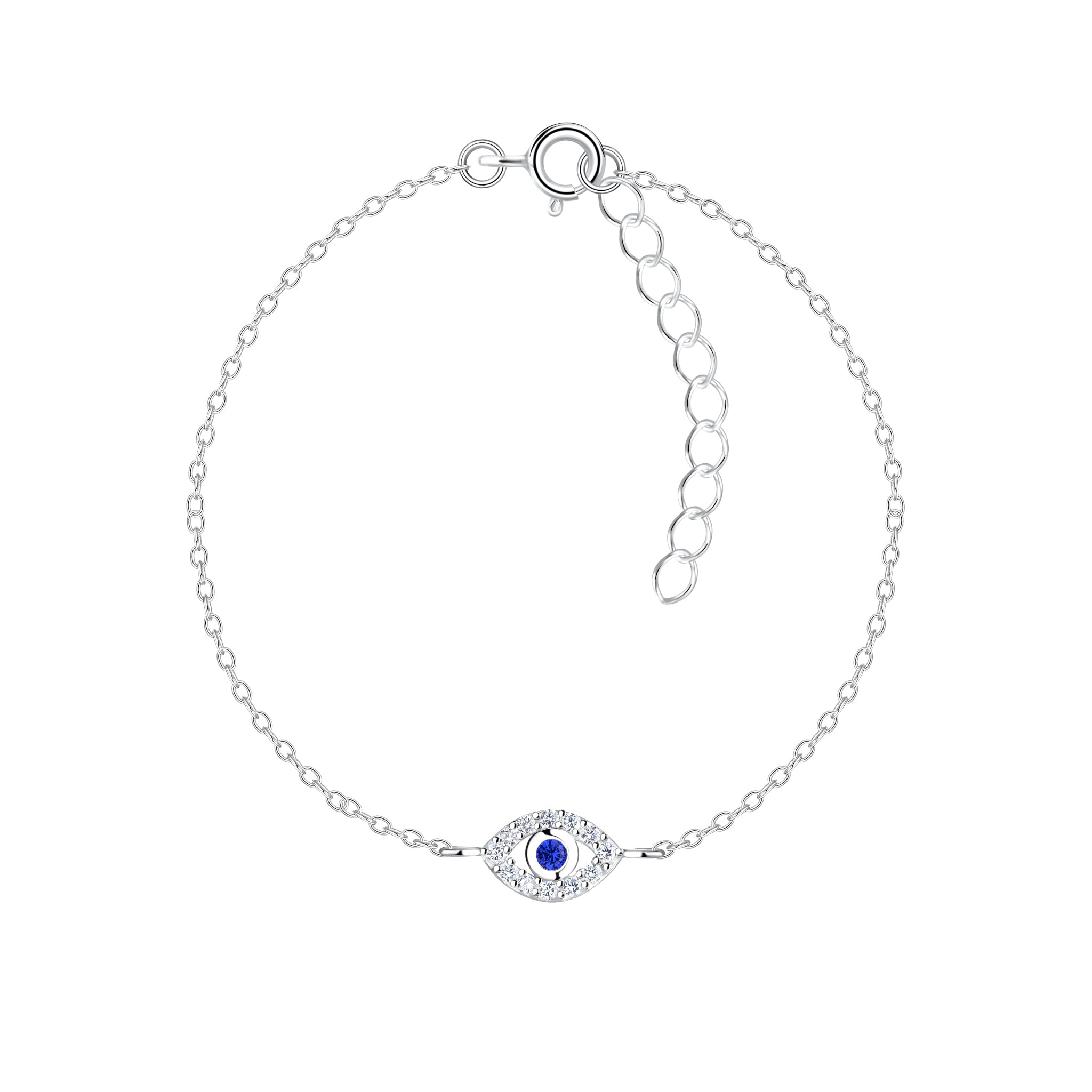 Silver bracelet with a blue evil eye charm on a white background