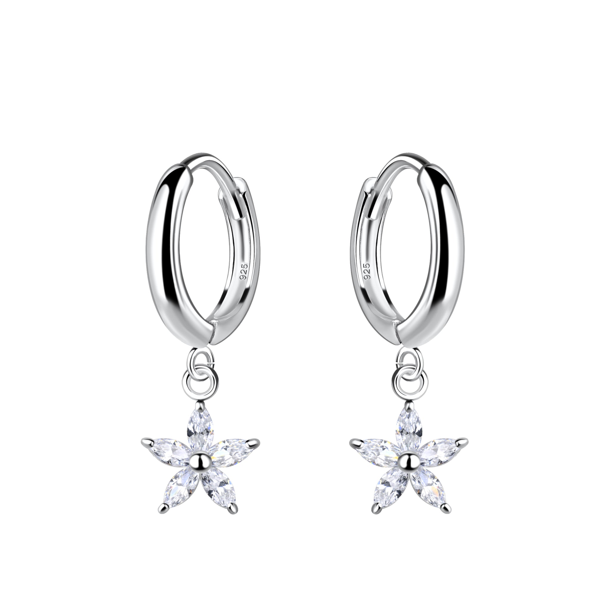 Silver hoop earrings with star-shaped charm with CZ stones on a white background
