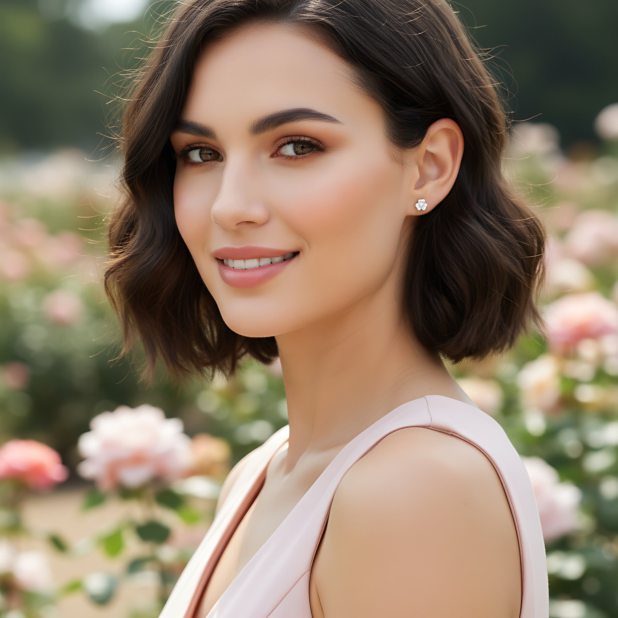 Woman with short brown hair wearing a CZ flower stud earring standing in a garden with pink flowers
