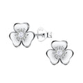 Silver clover stud earrings with CZ stones on a white background