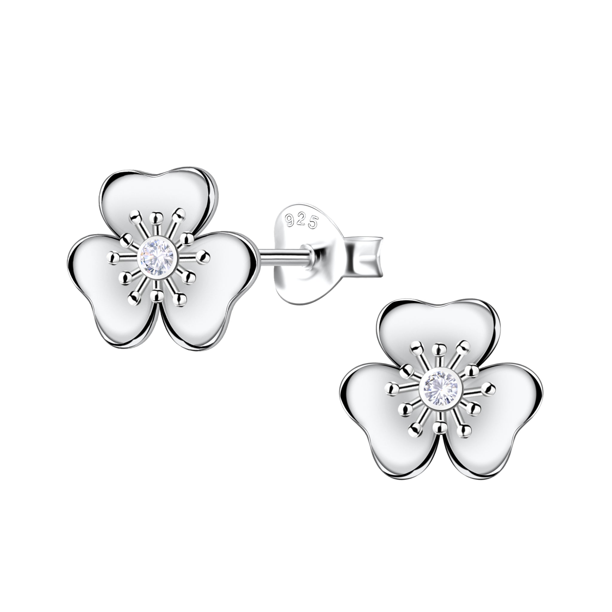 Silver clover stud earrings with CZ stones on a white background