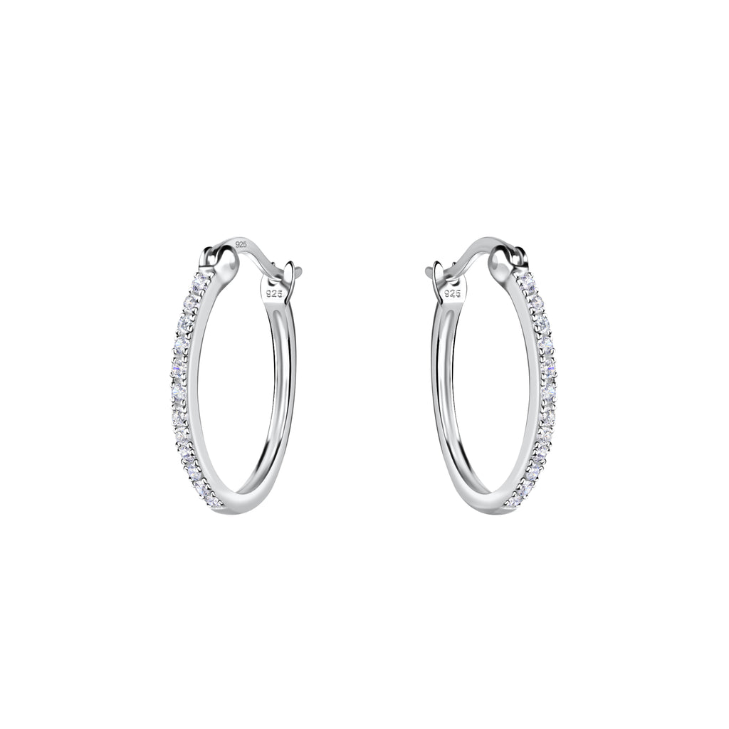 Silver French lock hoop earrings with CZ stones on a white background