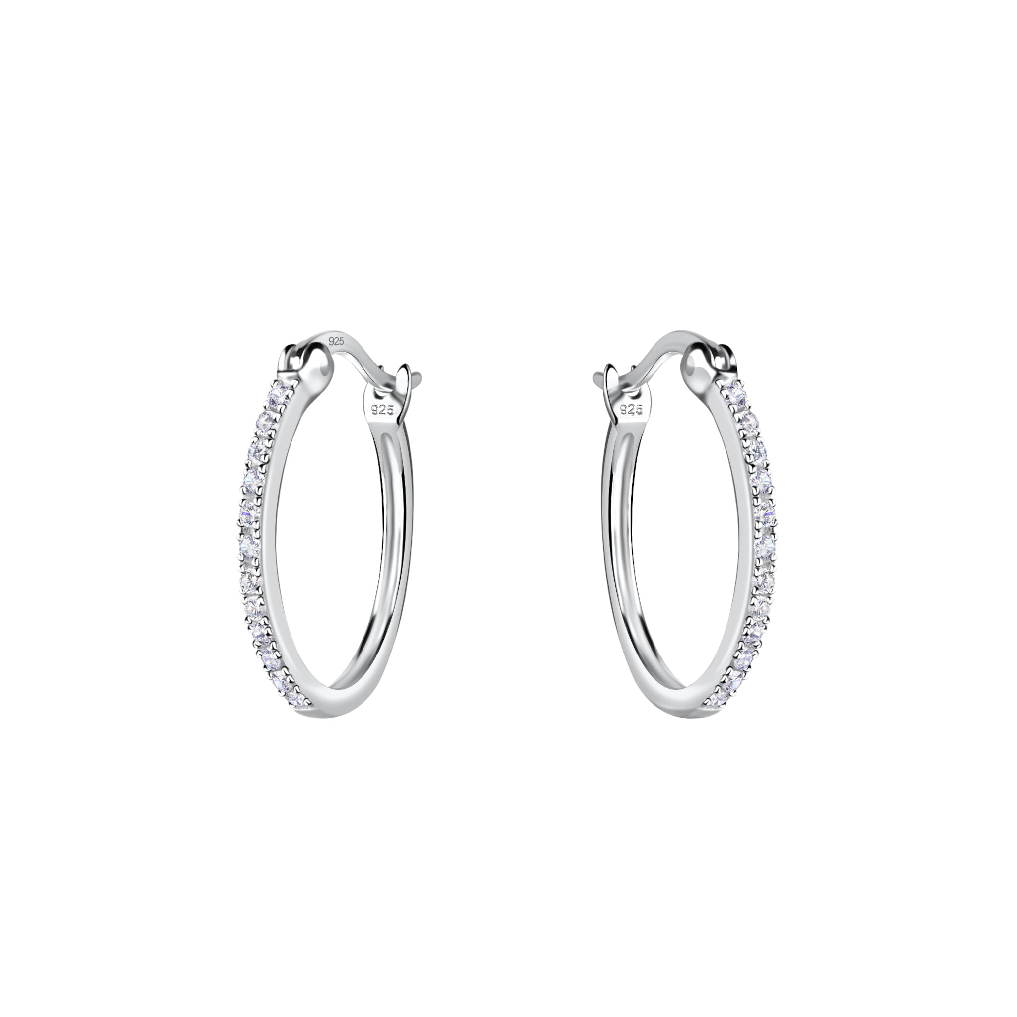 Silver French lock hoop earrings with CZ stones on a white background