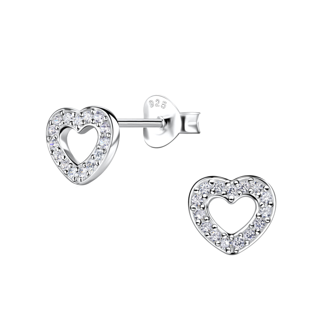 Heart-shaped silver stud earrings with CZ stones on a white background