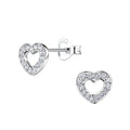 Heart-shaped silver stud earrings with CZ stones on a white background